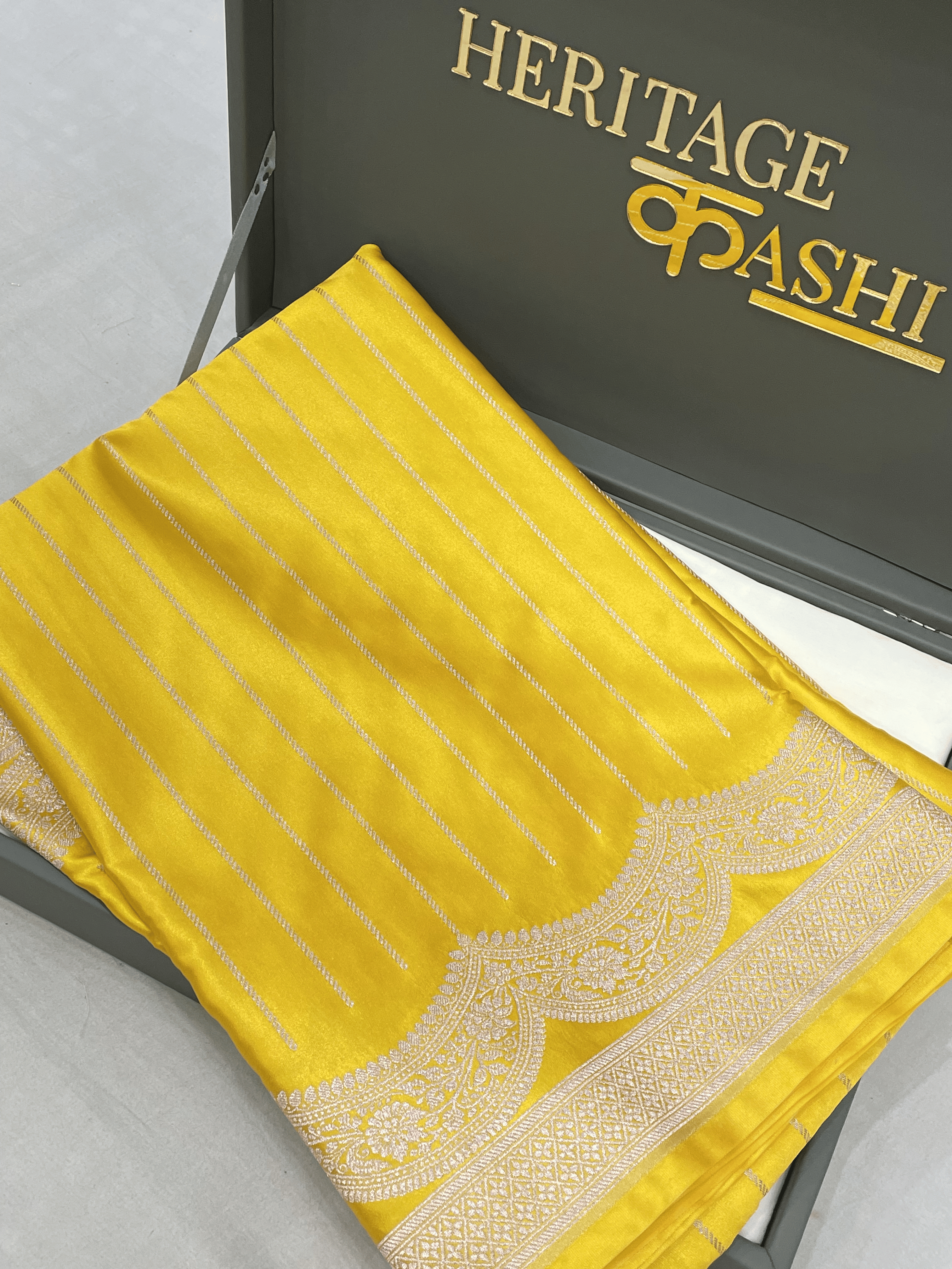 Bright Yellow Mashru Katan Stripe Fancy U Border Silk Saree