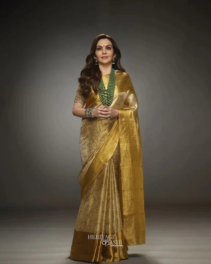 Nita Ambani Inspired Golden Embossed Soft Tissue Silk Saree