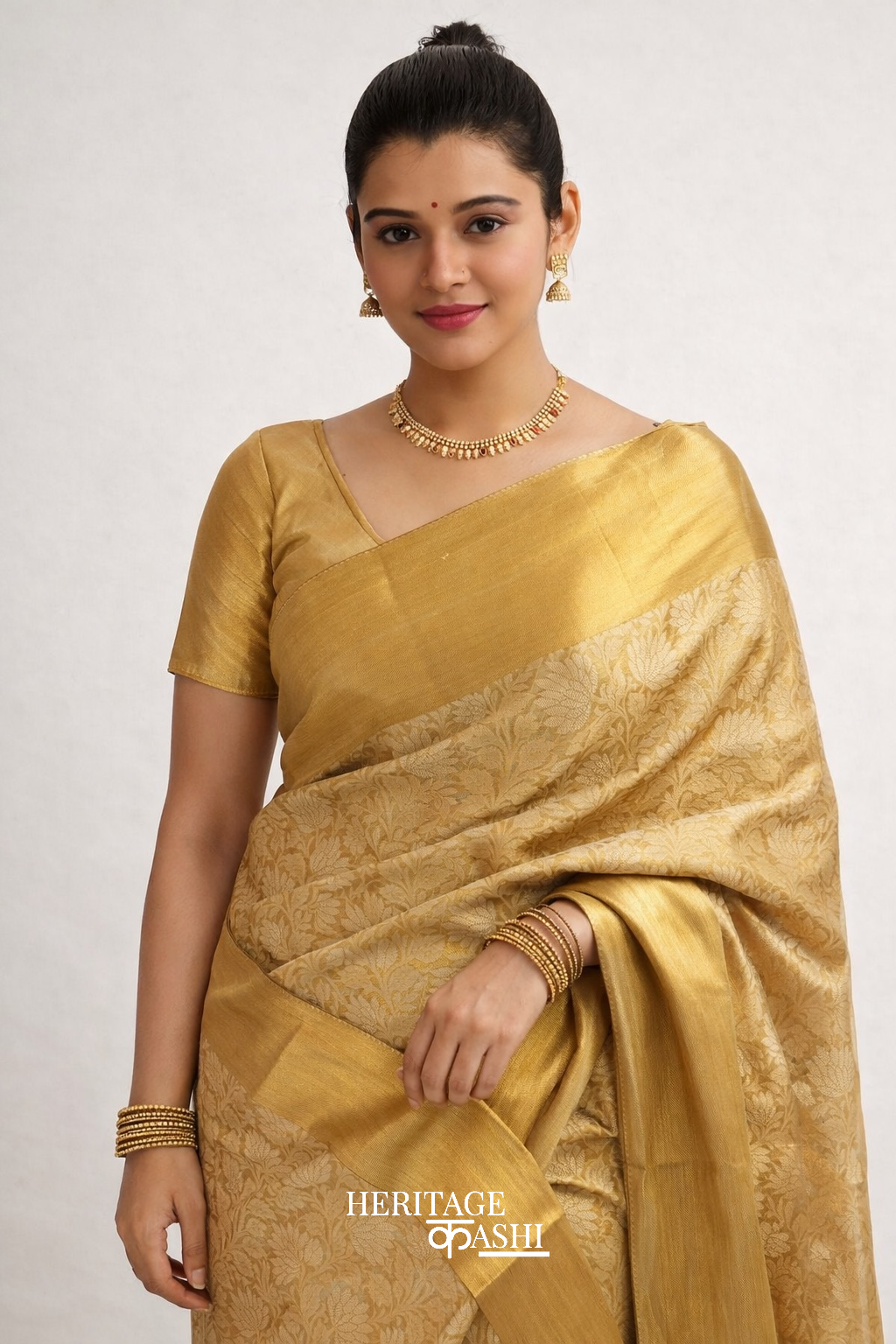 Nita Ambani Inspired Golden Embossed Soft Tissue Silk Saree