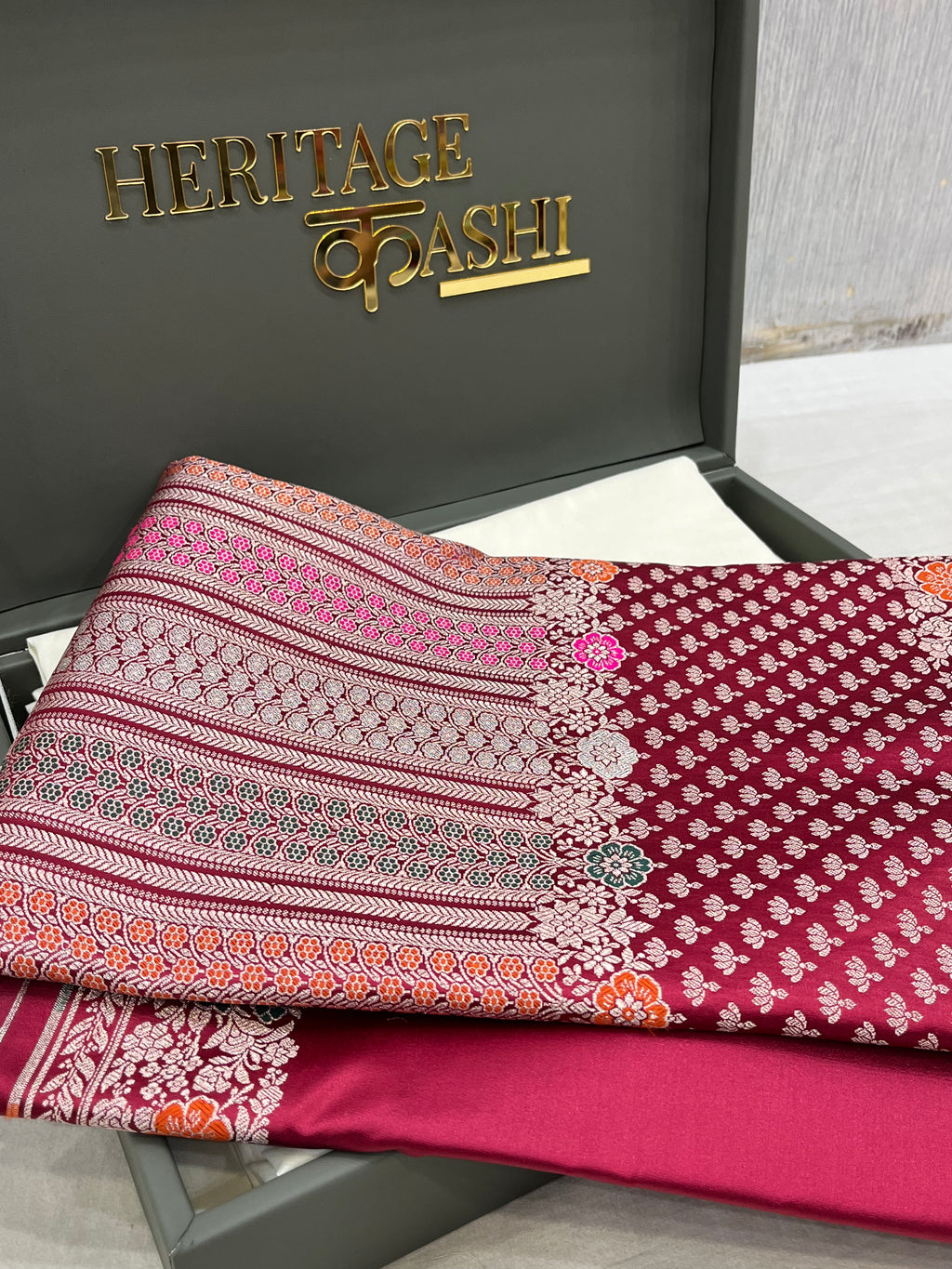 Wine Maroon Mashru Katan Skirt Minakari Floral Border Silk Saree