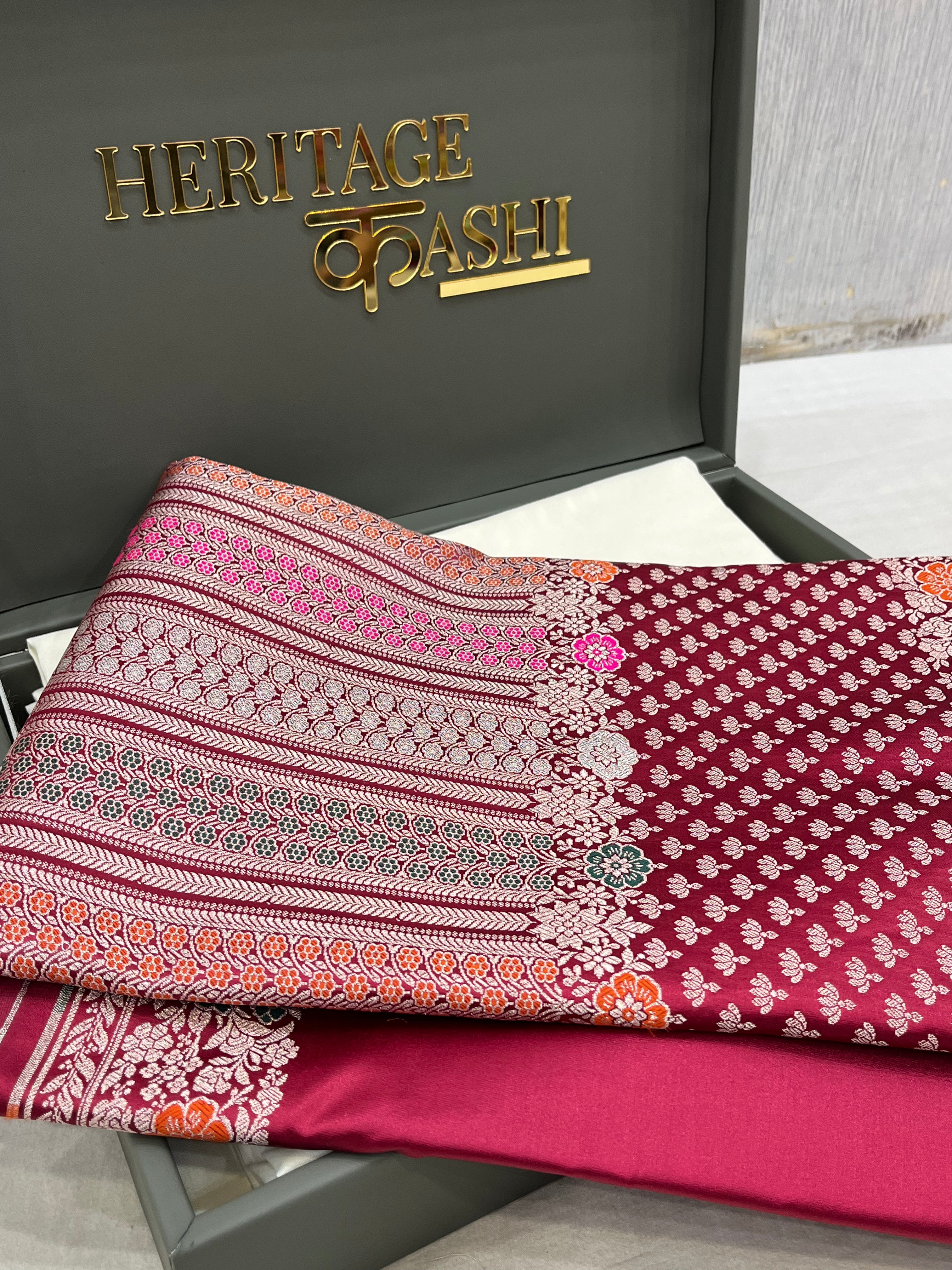 Wine Maroon Mashru Katan Skirt Minakari Floral Border Silk Saree