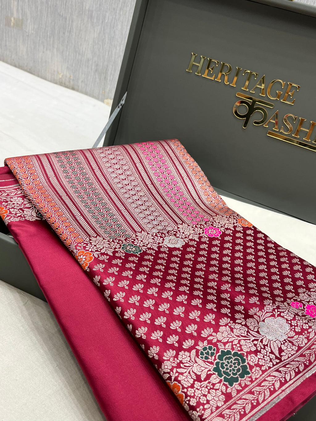 Wine Maroon Mashru Katan Skirt Minakari Floral Border Silk Saree
