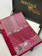 Wine Maroon Mashru Katan Skirt Minakari Floral Border Silk Saree