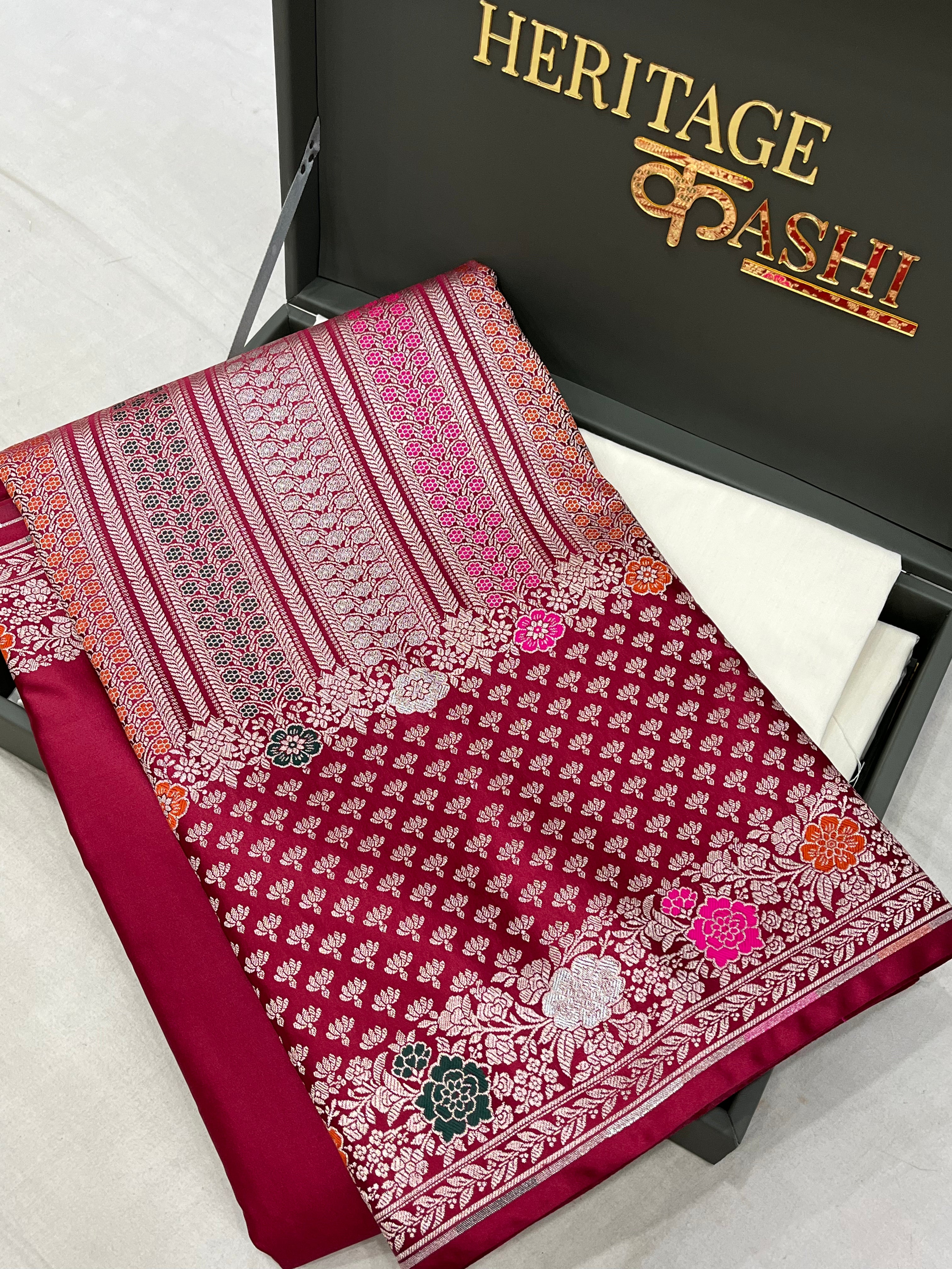 Wine Maroon Mashru Katan Skirt Minakari Floral Border Silk Saree
