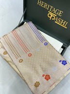 Cream Gold Mashru Katan Skirt Minakari Floral Border Silk Saree