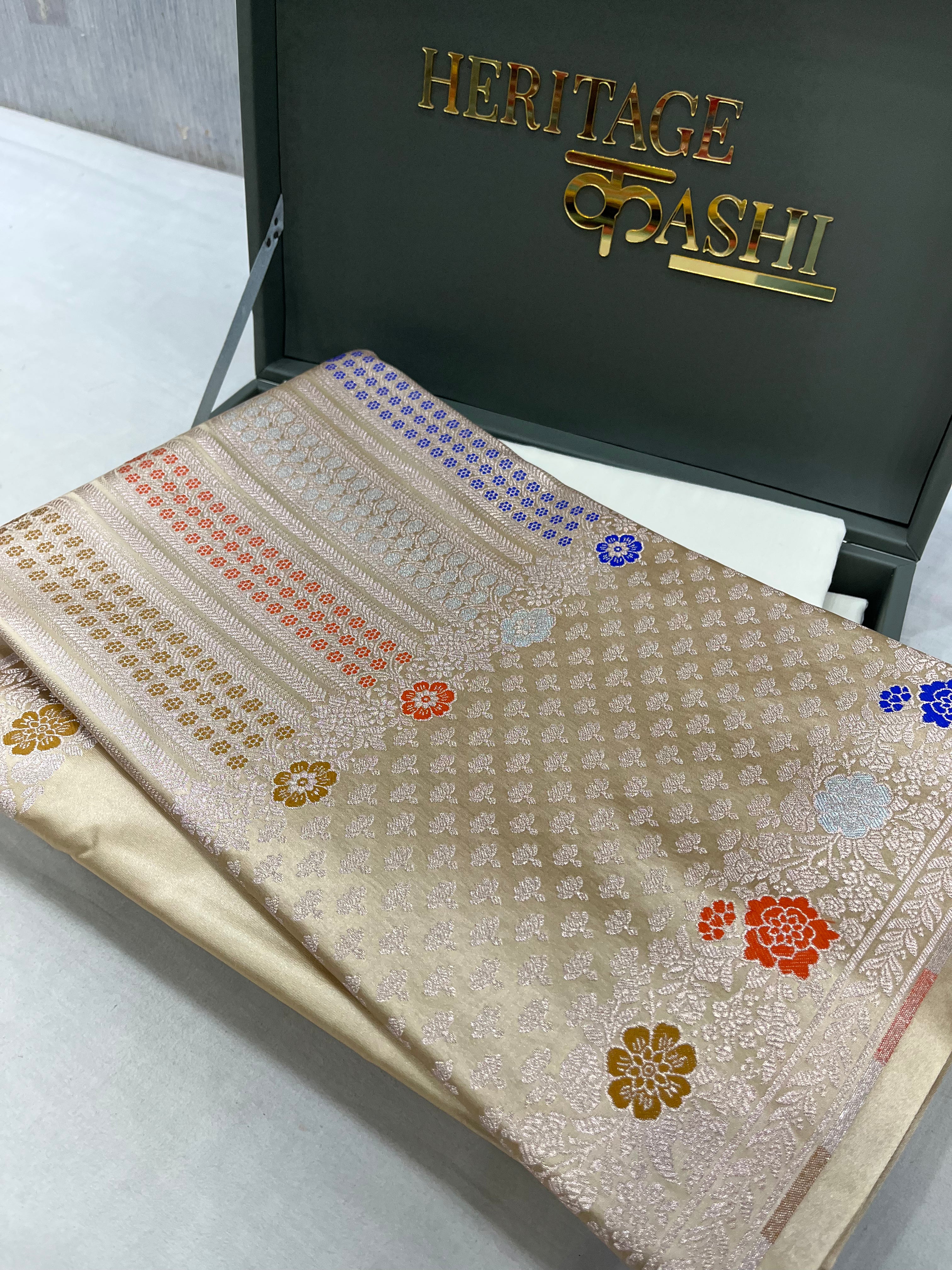 Cream Gold Mashru Katan Skirt Minakari Floral Border Silk Saree