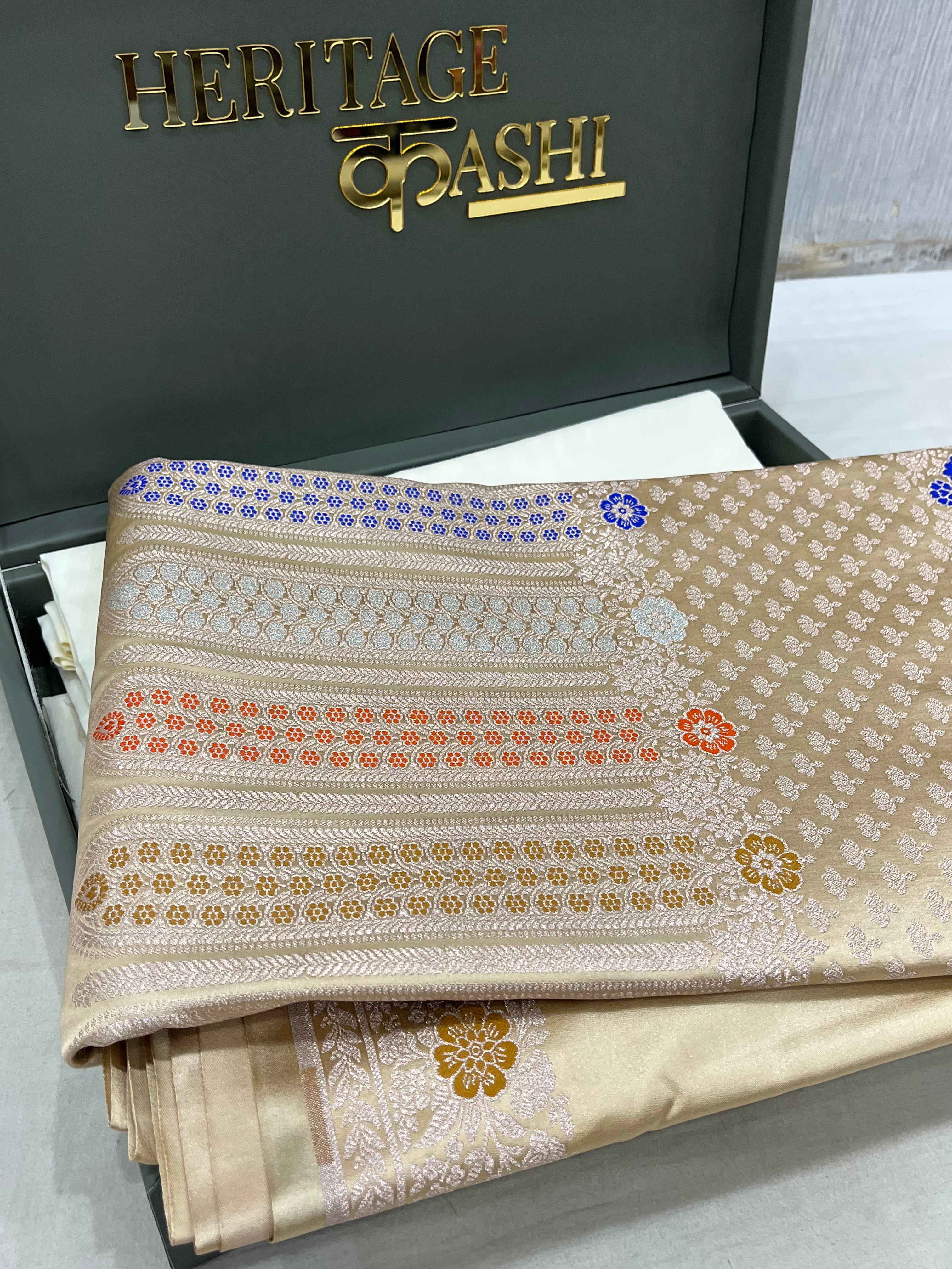 Cream Gold Mashru Katan Skirt Minakari Floral Border Silk Saree
