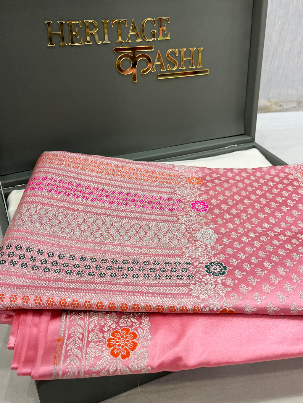 Baby Pink Mashru Katan Skirt Minakari Floral Border Silk Saree