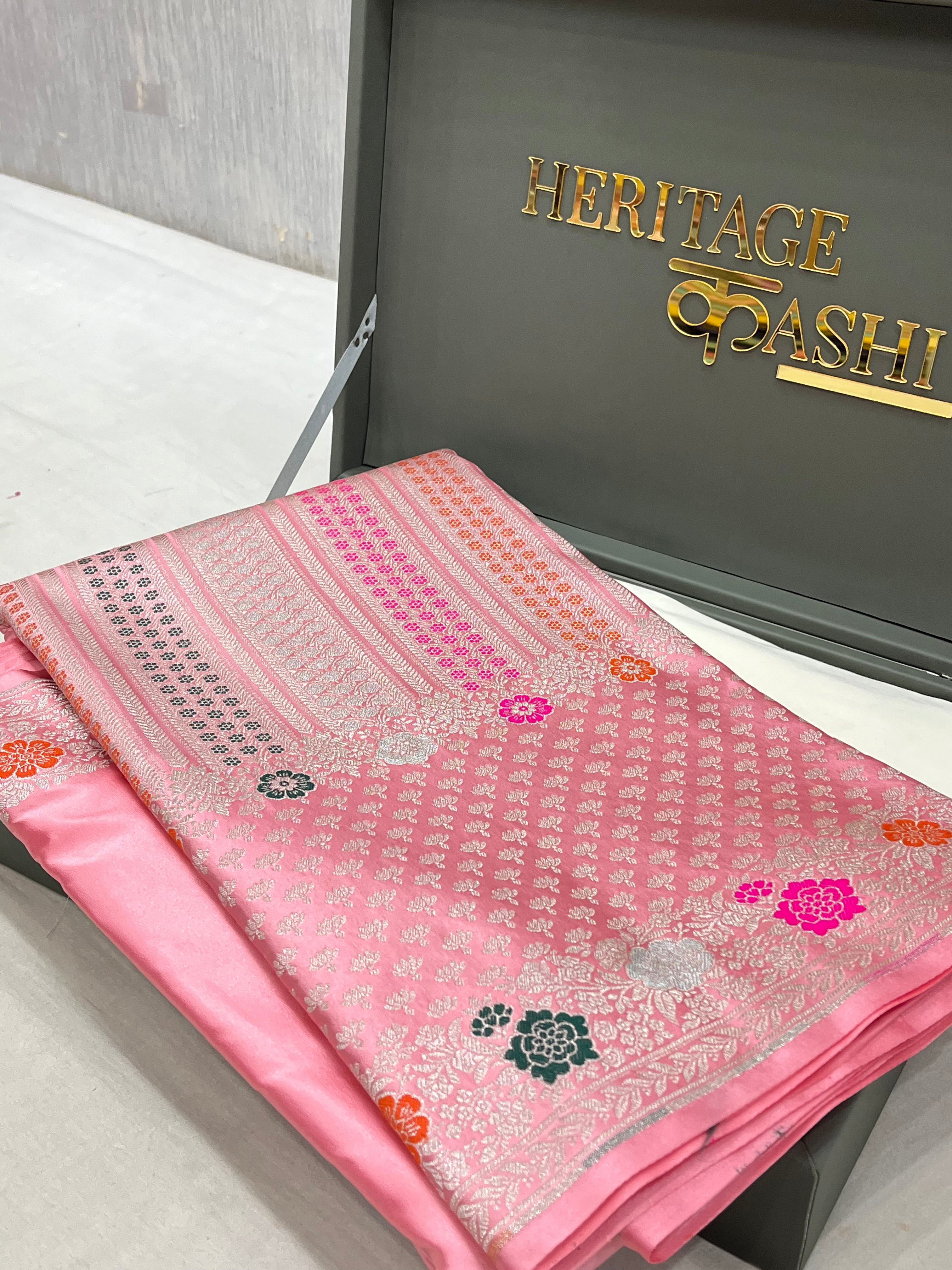 Baby Pink Mashru Katan Skirt Minakari Floral Border Silk Saree