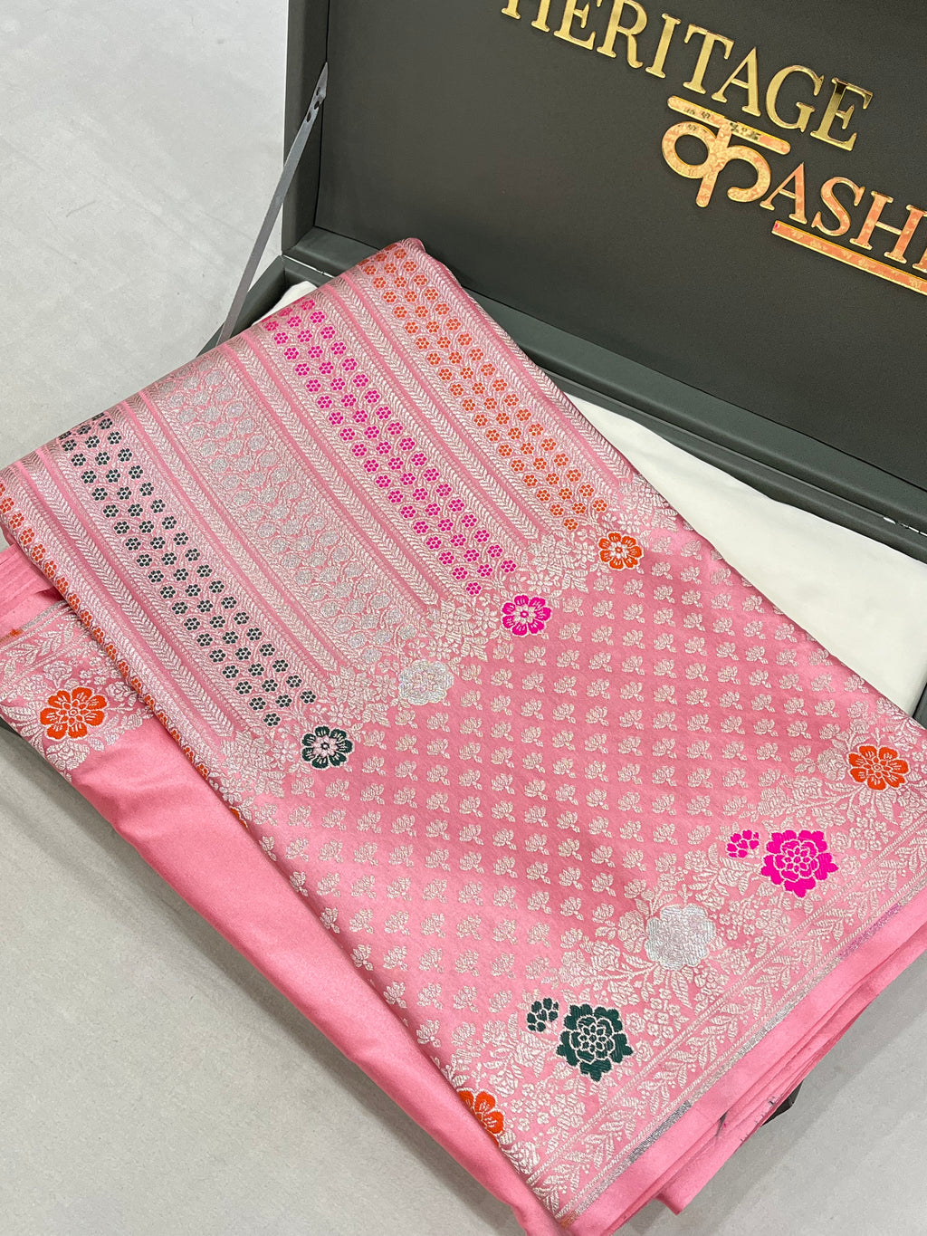 Baby Pink Mashru Katan Skirt Minakari Floral Border Silk Saree