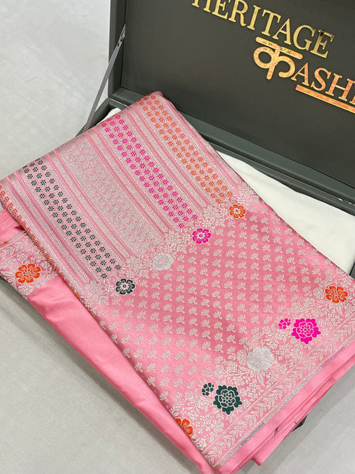 Baby Pink Mashru Katan Skirt Minakari Floral Border Silk Saree