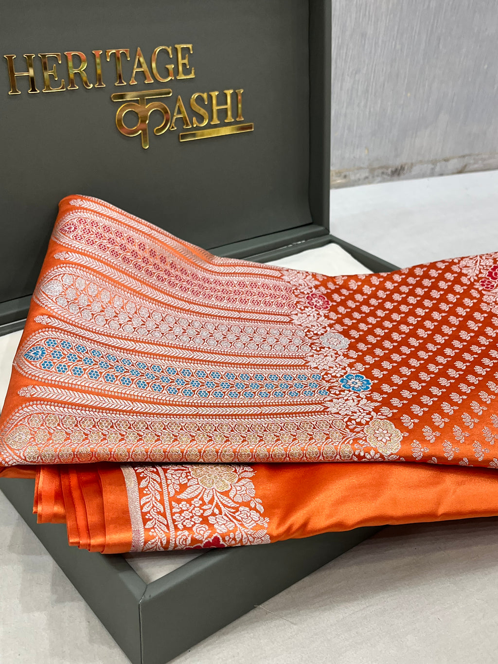 Rust Orange Mashru Katan Skirt Minakari Floral Border Silk Saree