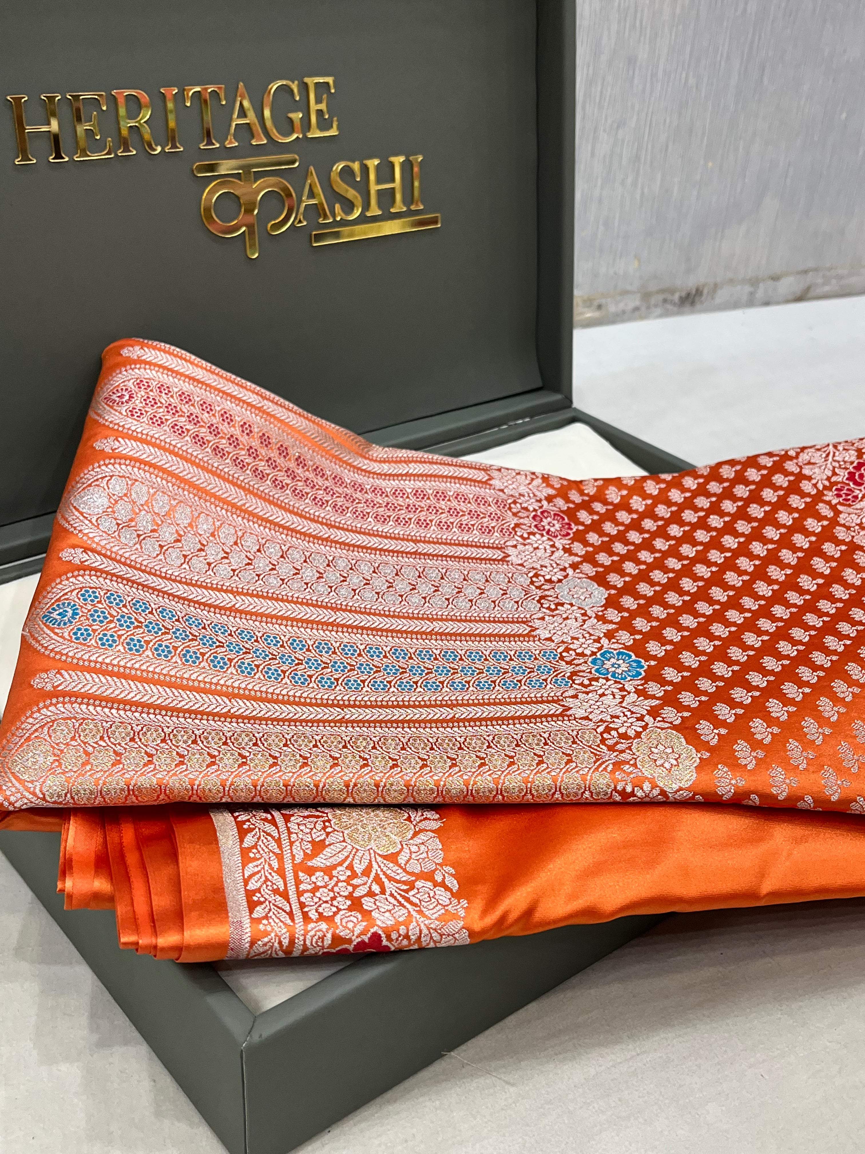 Rust Orange Mashru Katan Skirt Minakari Floral Border Silk Saree