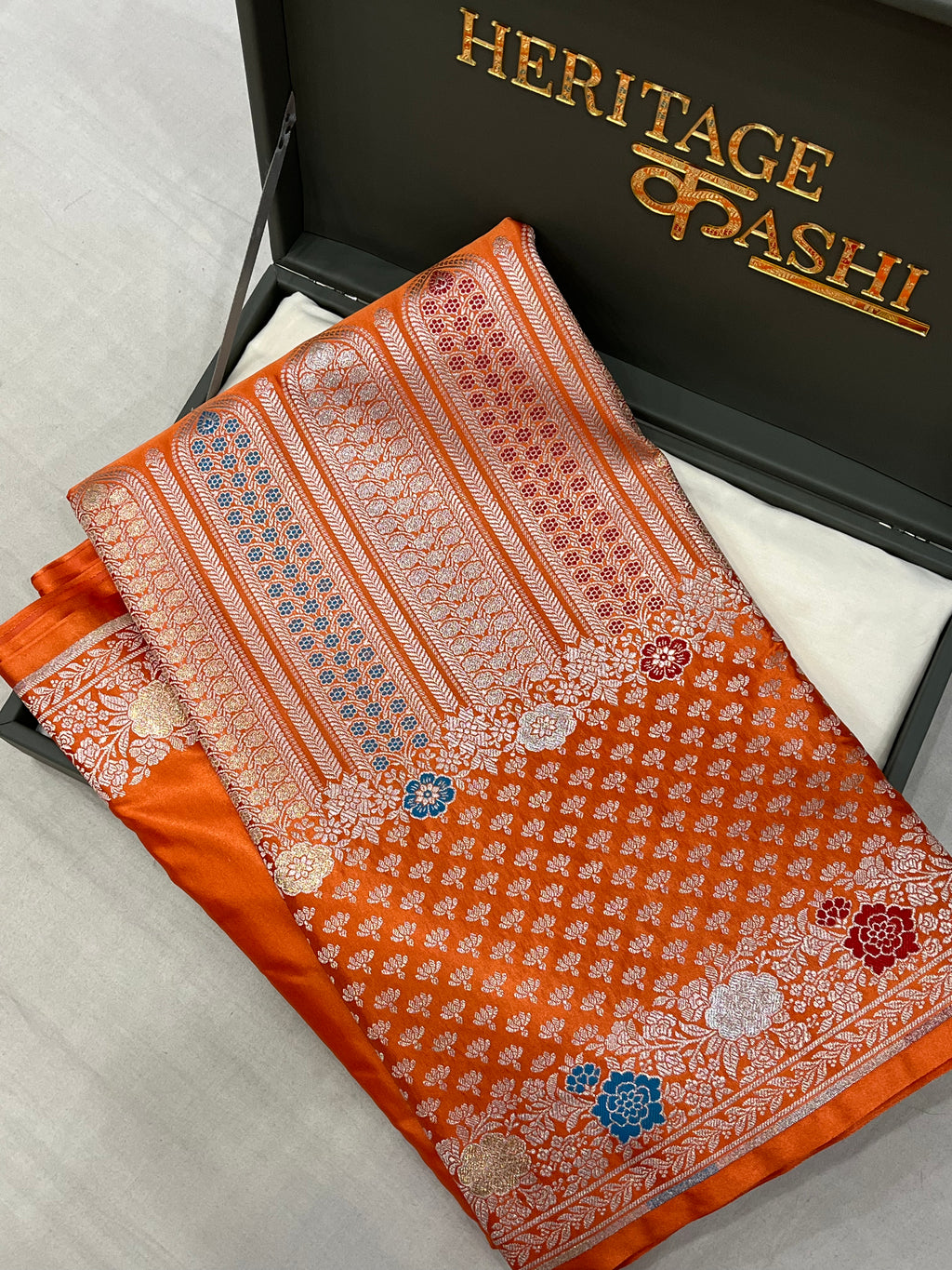 Rust Orange Mashru Katan Skirt Minakari Floral Border Silk Saree