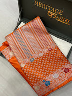 Rust Orange Mashru Katan Skirt Minakari Floral Border Silk Saree