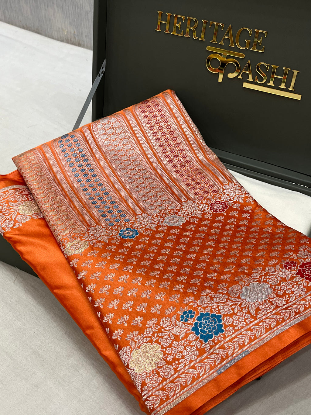 Rust Orange Mashru Katan Skirt Minakari Floral Border Silk Saree