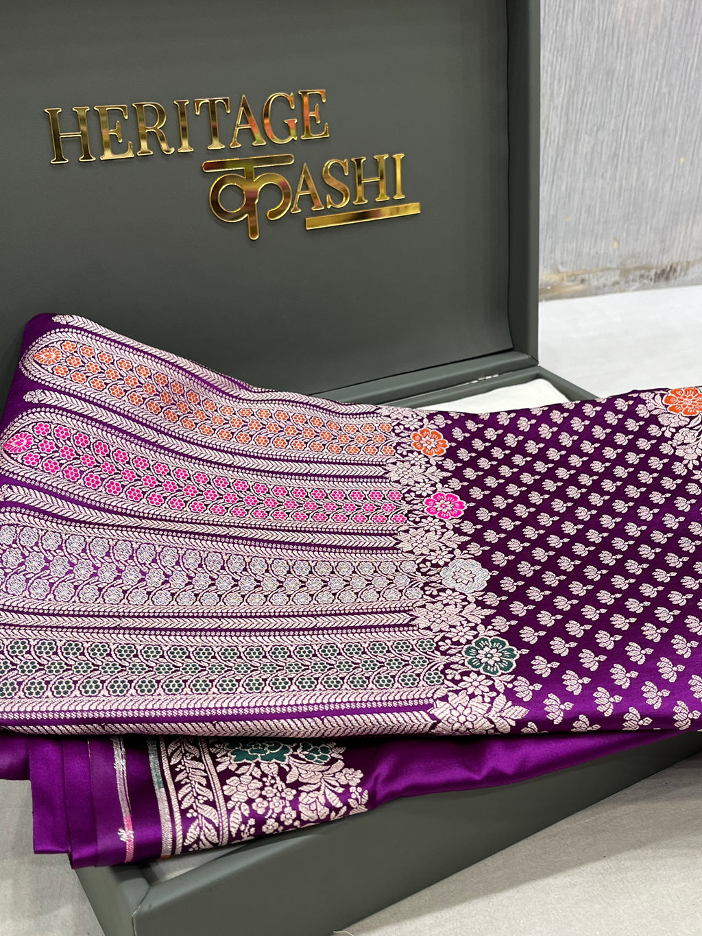 Royal Purple Mashru Katan Skirt Minakari Floral Border Silk Saree
