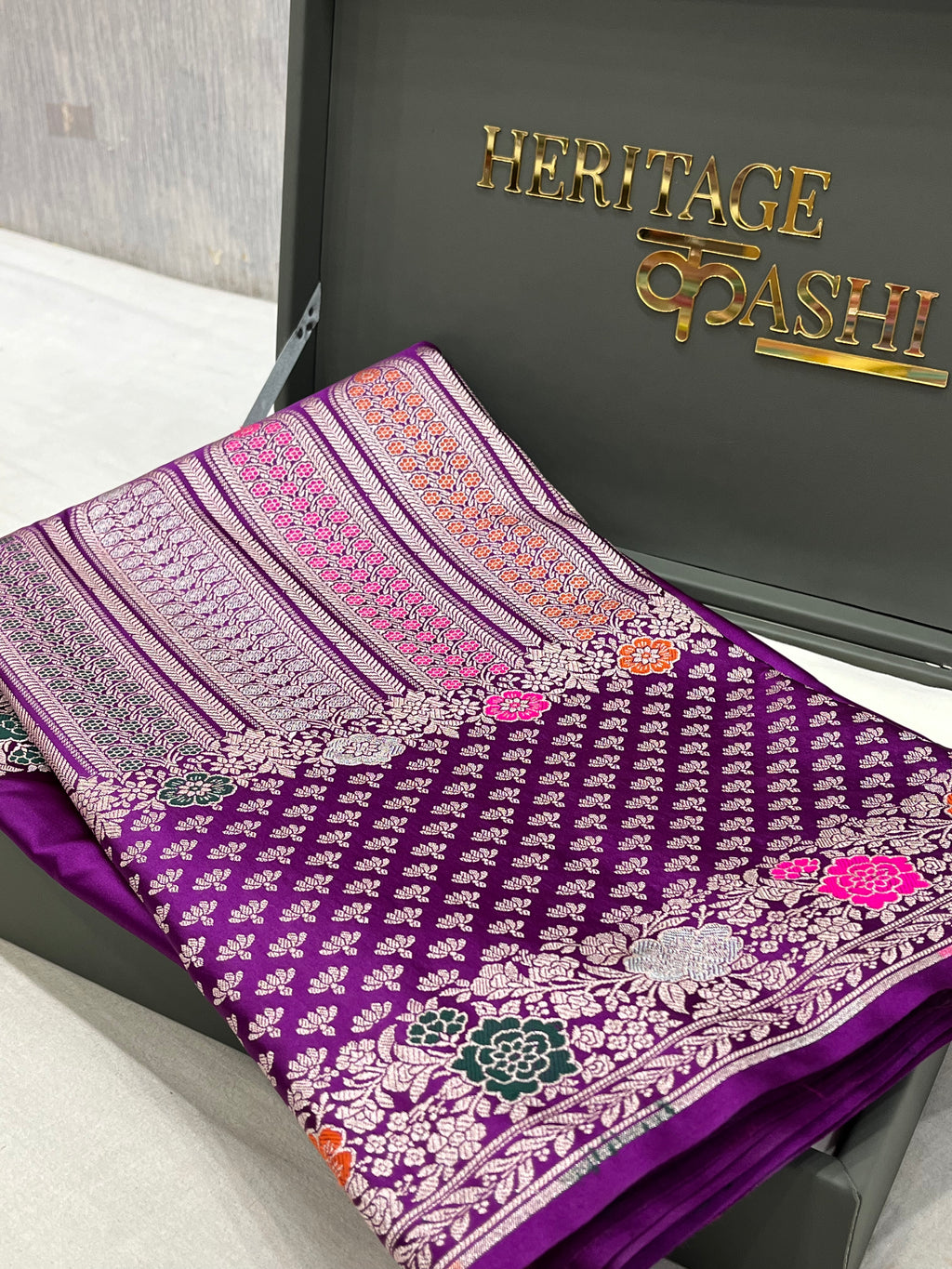 Royal Purple Mashru Katan Skirt Minakari Floral Border Silk Saree
