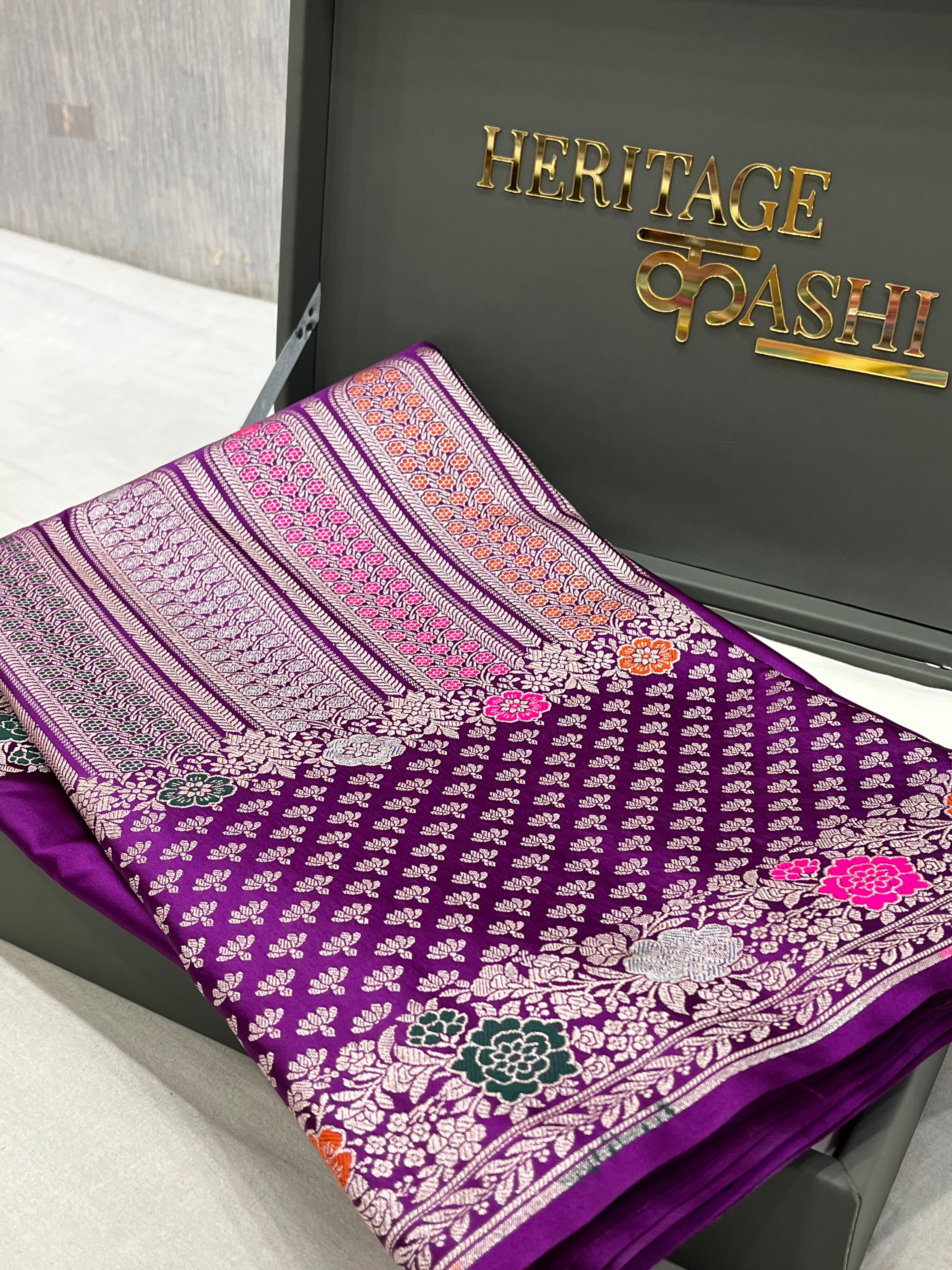 Royal Purple Mashru Katan Skirt Minakari Floral Border Silk Saree