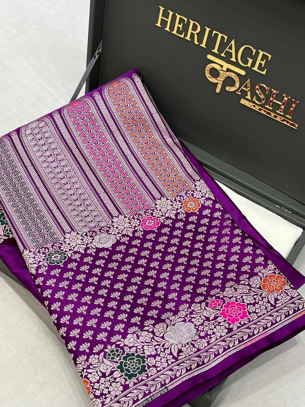 Royal Purple Mashru Katan Skirt Minakari Floral Border Silk Saree