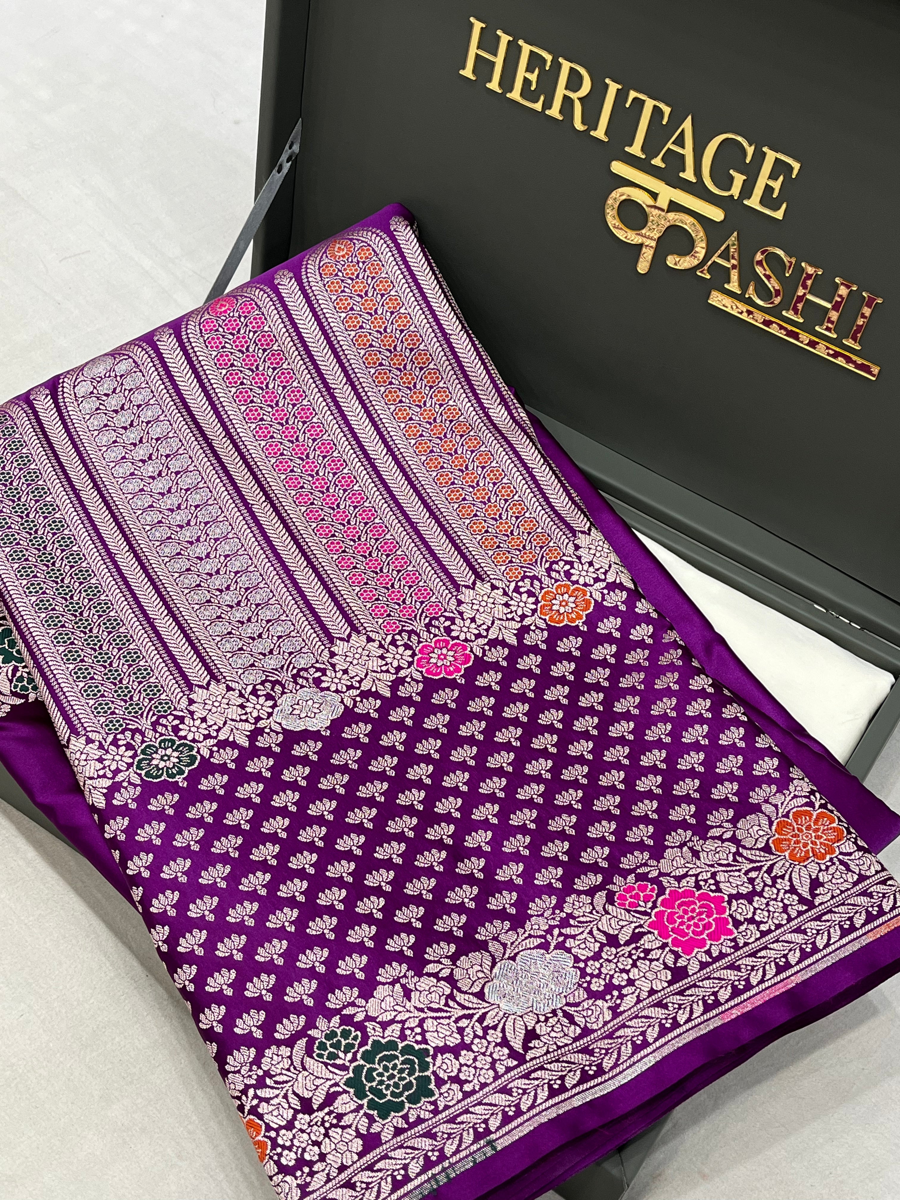 Royal Purple Mashru Katan Skirt Minakari Floral Border Silk Saree