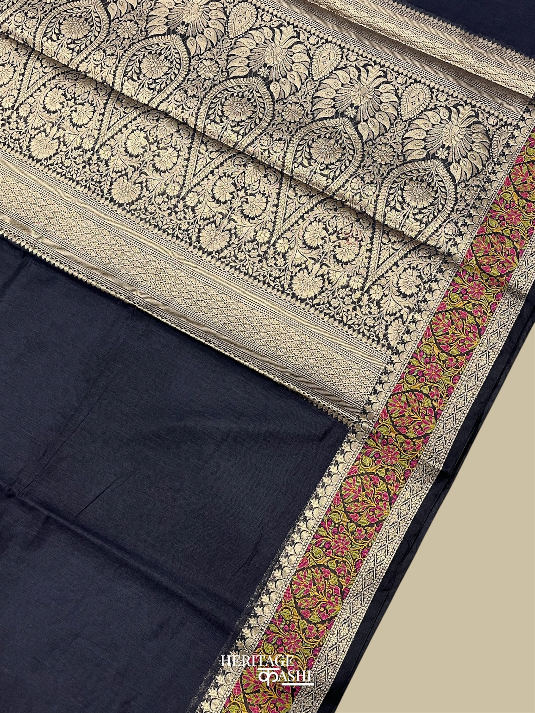 Black Cotton Plain Tilfi Floral Border Saree
