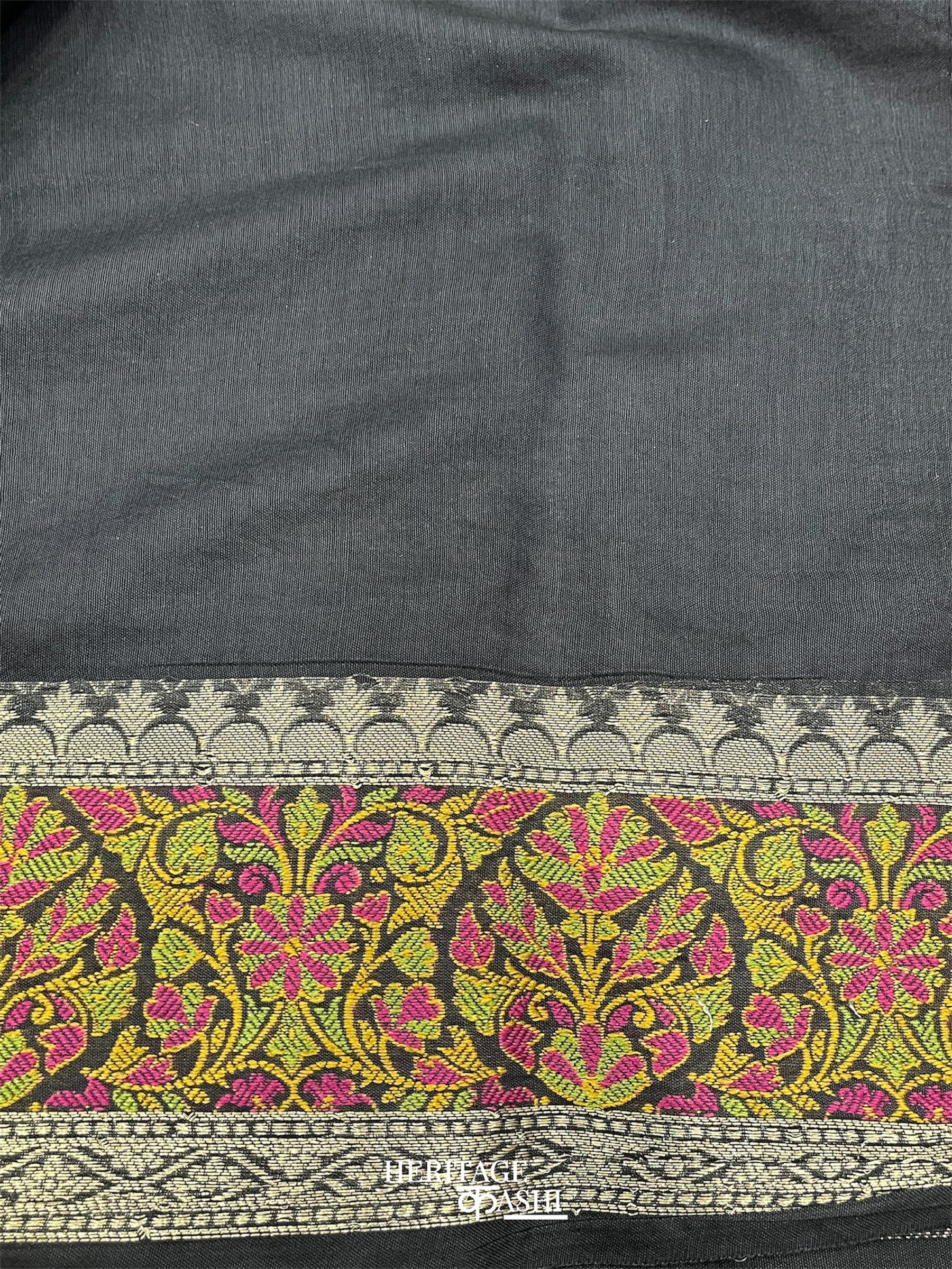 Black Cotton Plain Tilfi Floral Border Saree