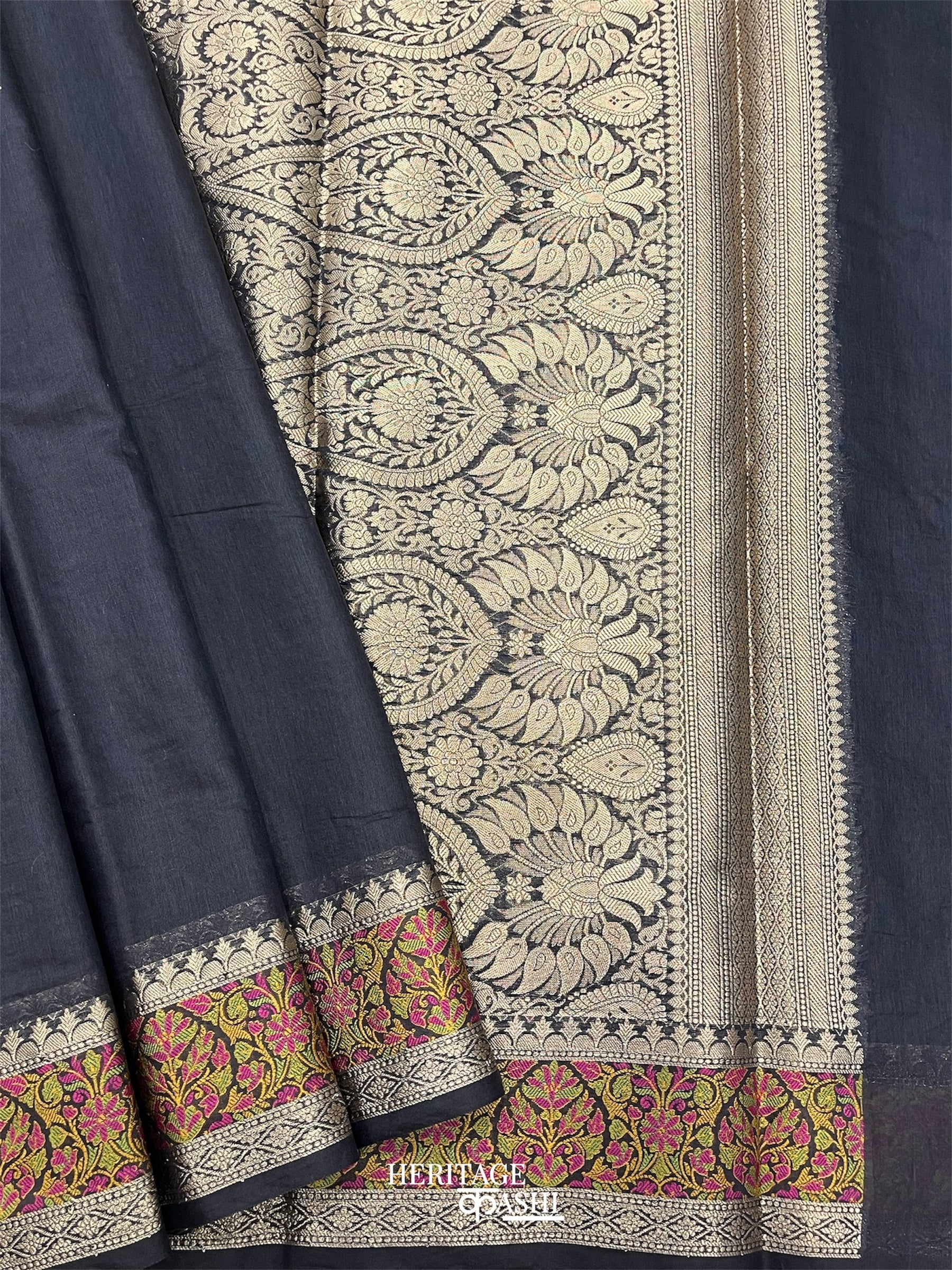 Black Cotton Plain Tilfi Floral Border Saree