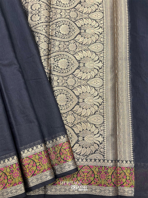 Black Cotton Plain Tilfi Floral Border Saree