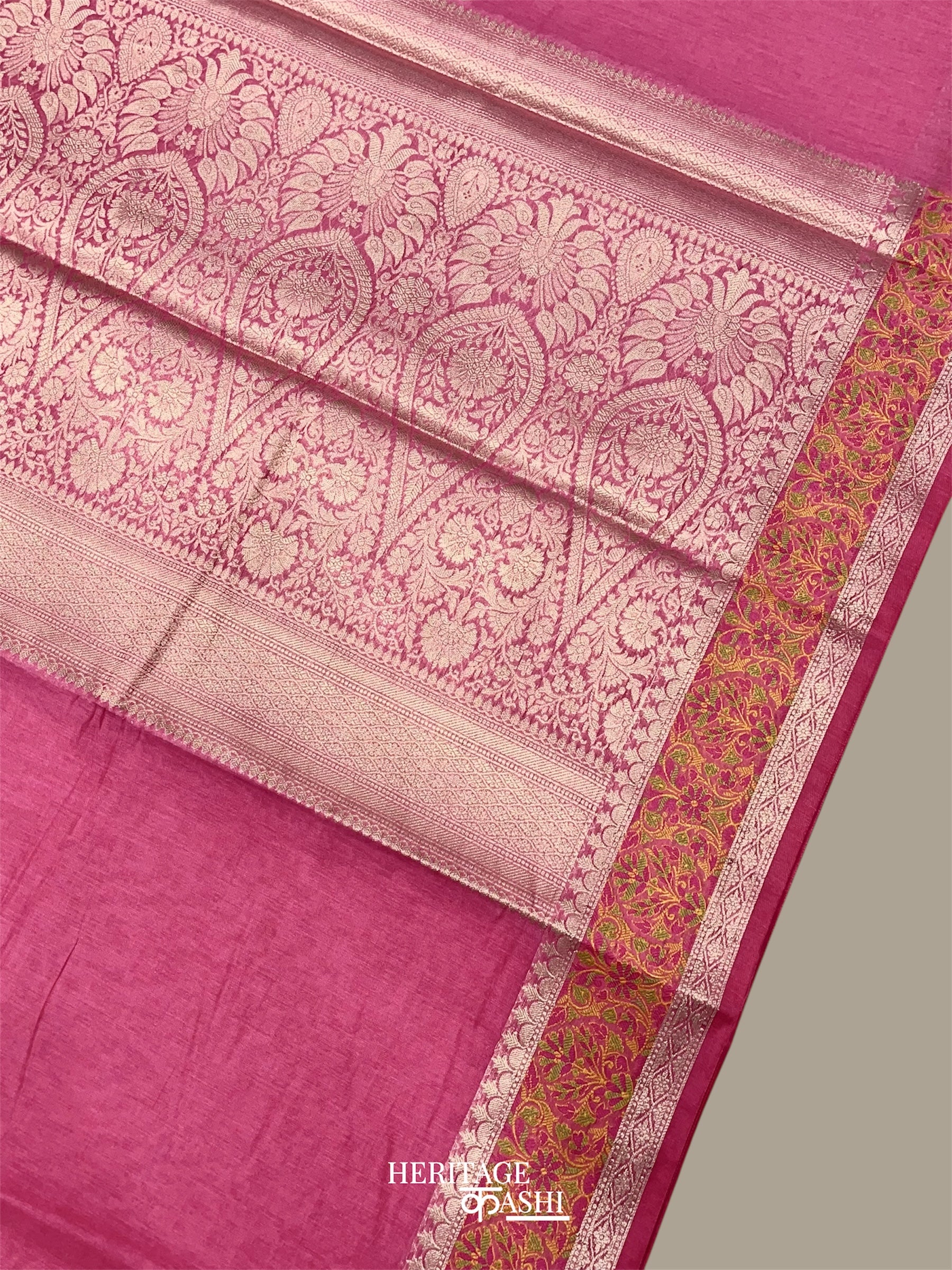 Pink Cotton Plain Tilfi Saree with Floral Border