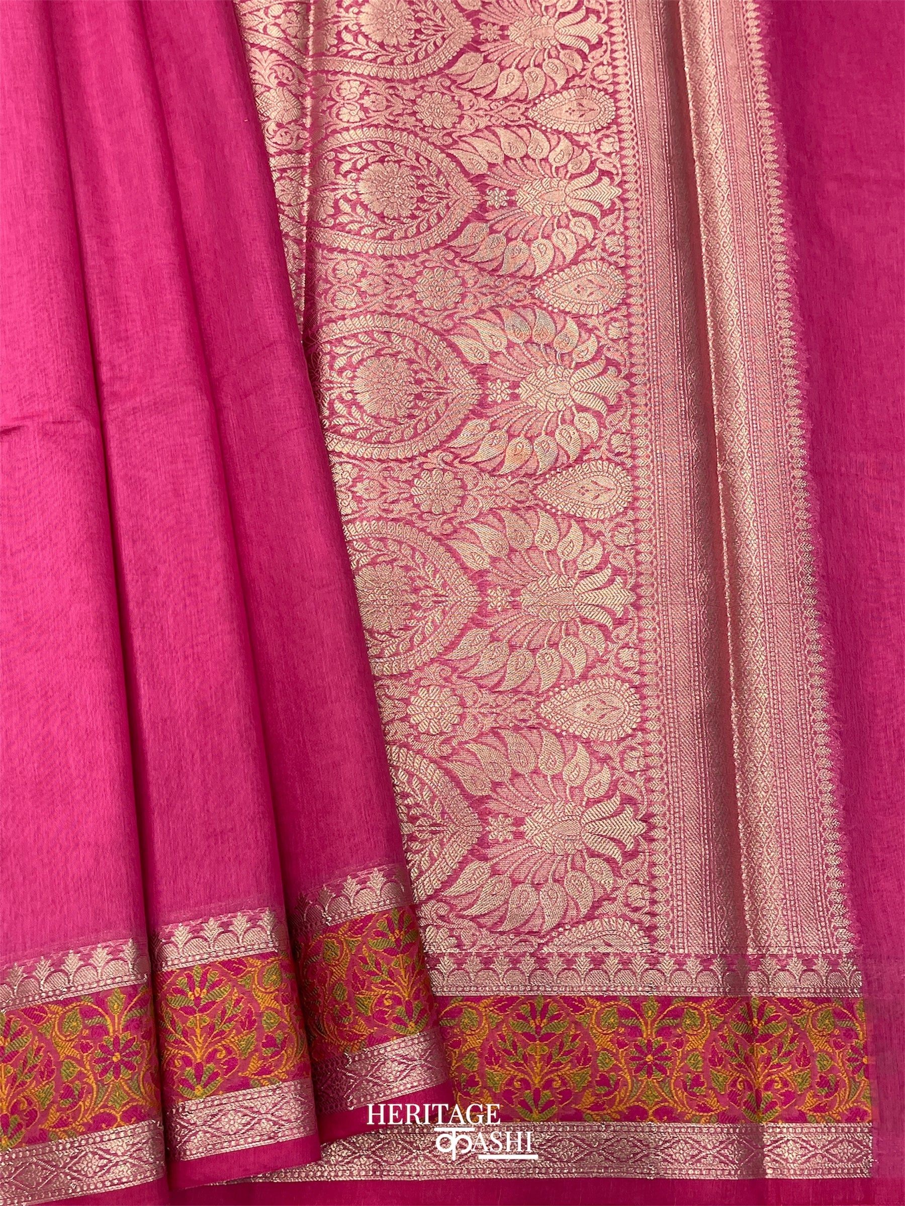 Pink Cotton Plain Tilfi Saree with Floral Border