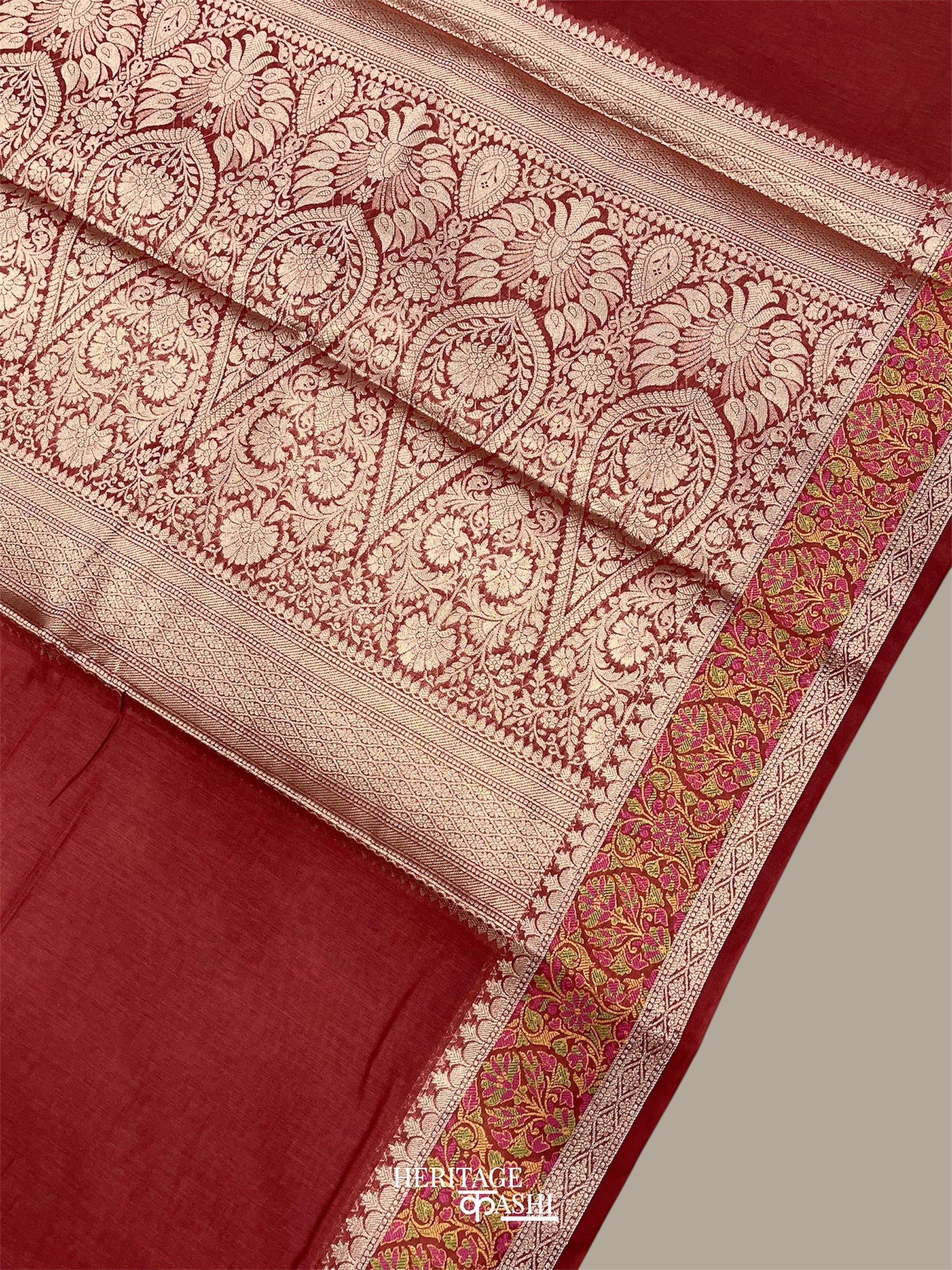 Red Cotton Plain Tilfi Saree with Floral Border