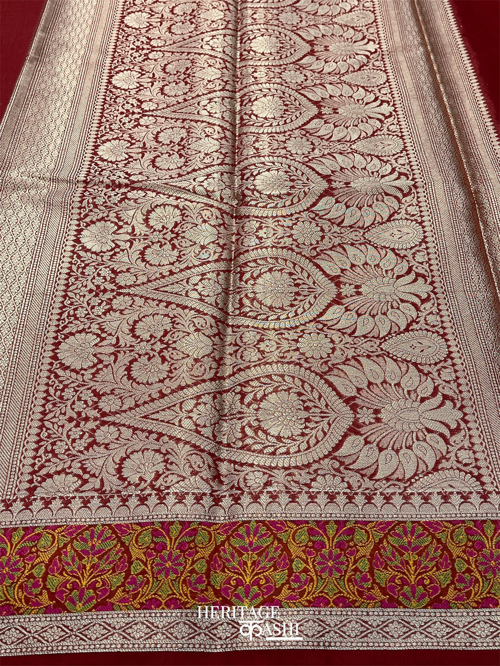 Red Cotton Plain Tilfi Saree with Floral Border
