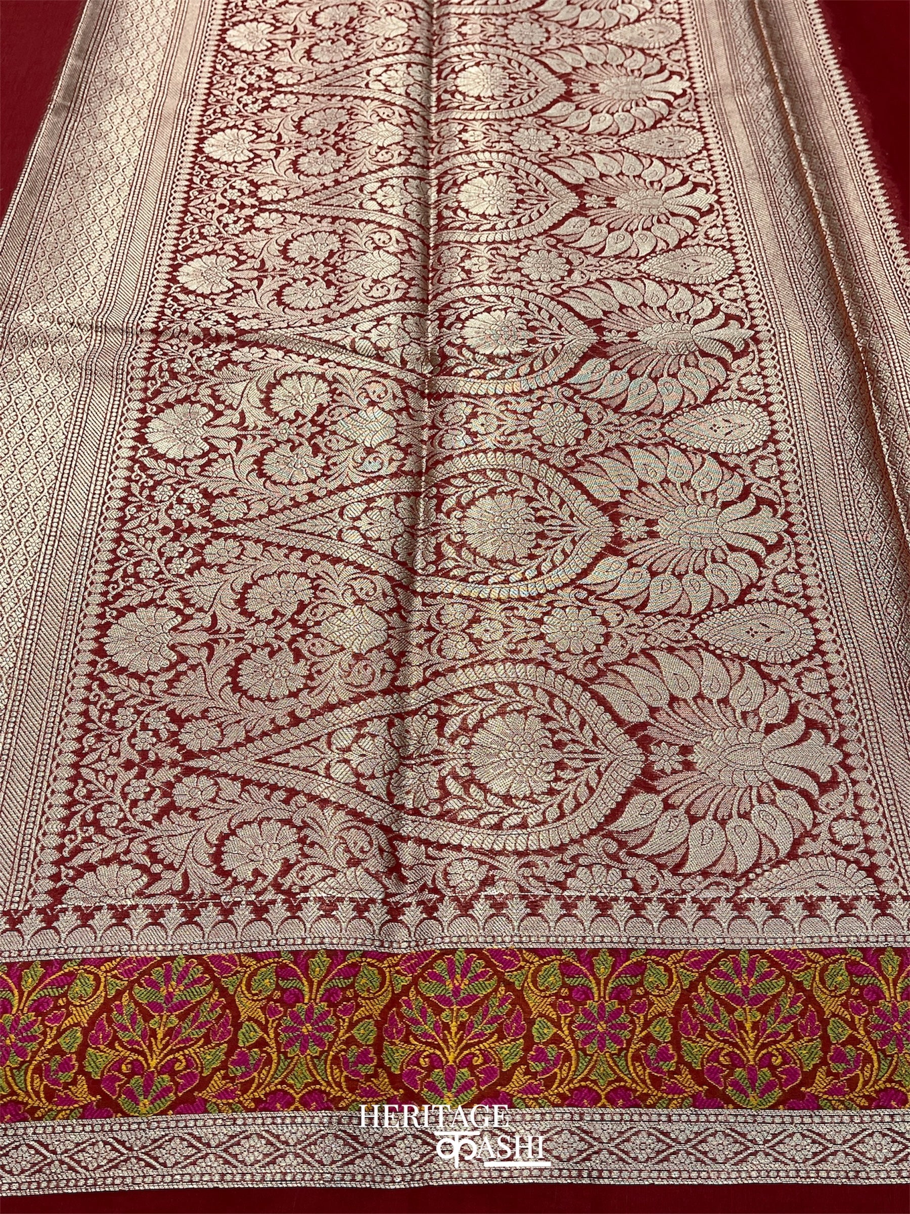 Red Cotton Plain Tilfi Saree with Floral Border