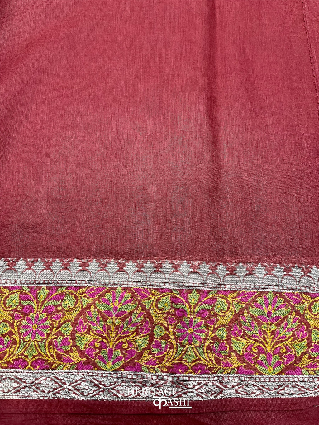 Red Cotton Plain Tilfi Saree with Floral Border