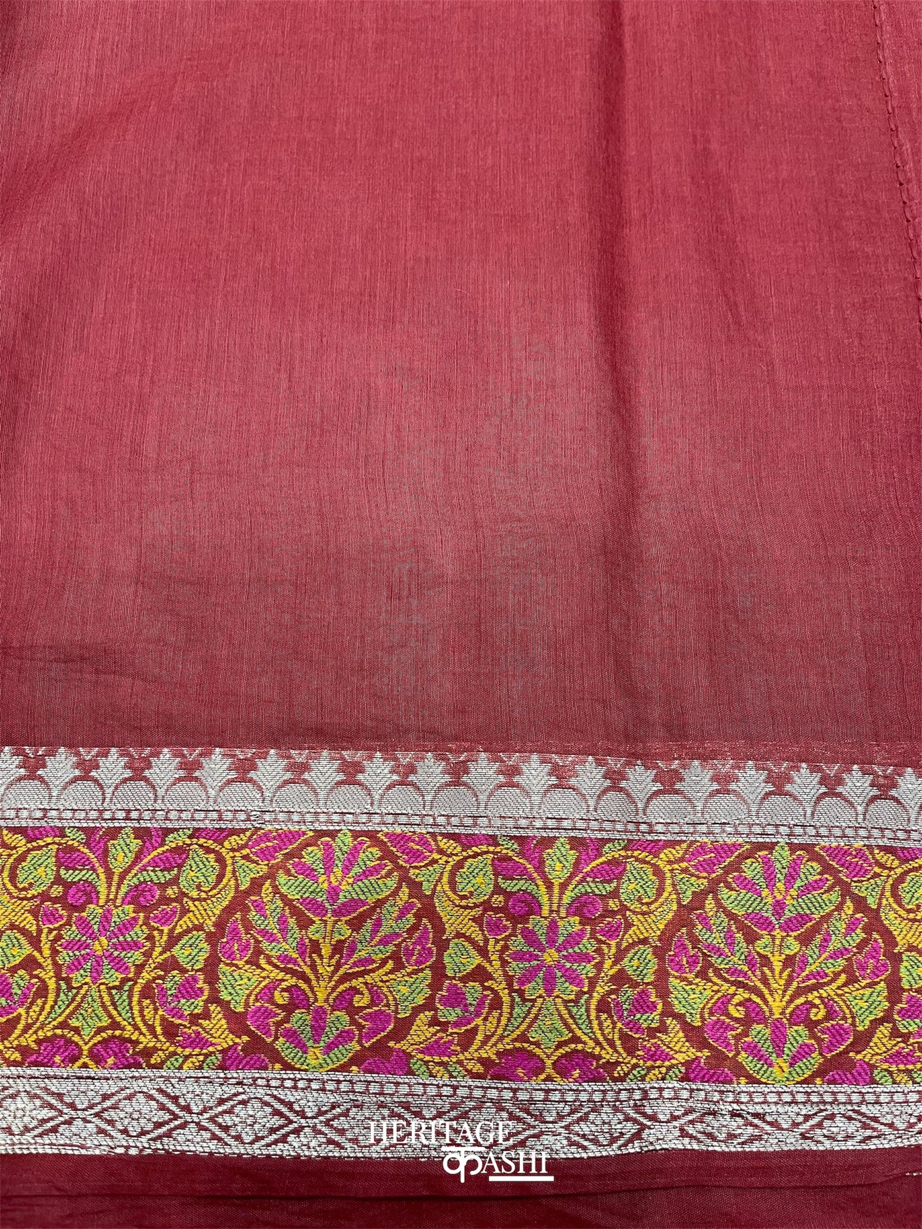 Red Cotton Plain Tilfi Saree with Floral Border