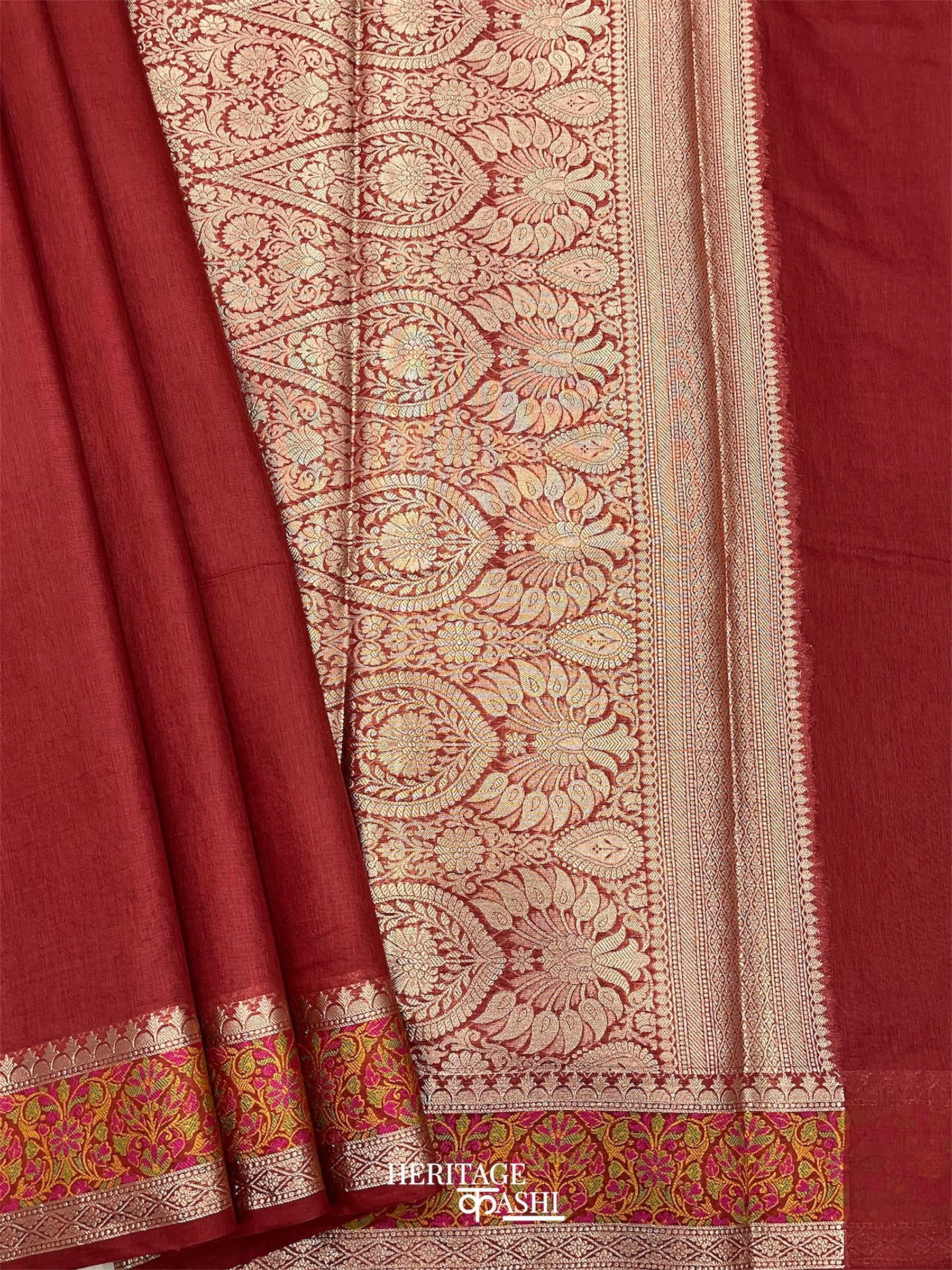Red Cotton Plain Tilfi Saree with Floral Border