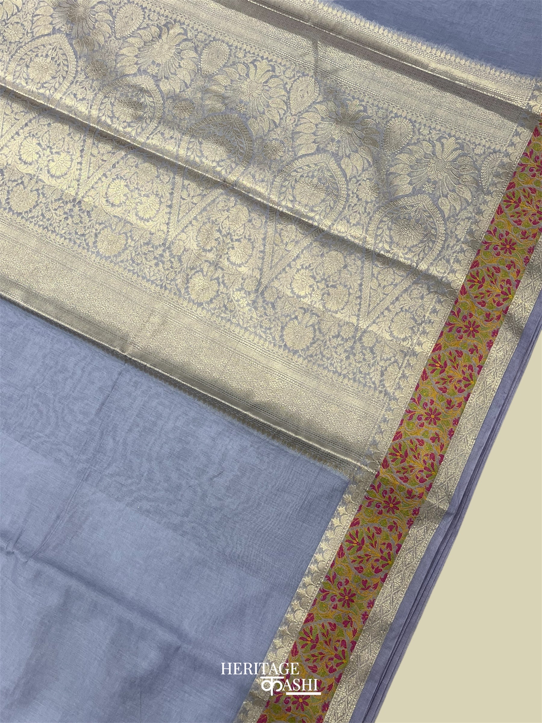 Pale Blue Cotton Plain Tilfi Saree with Floral Border