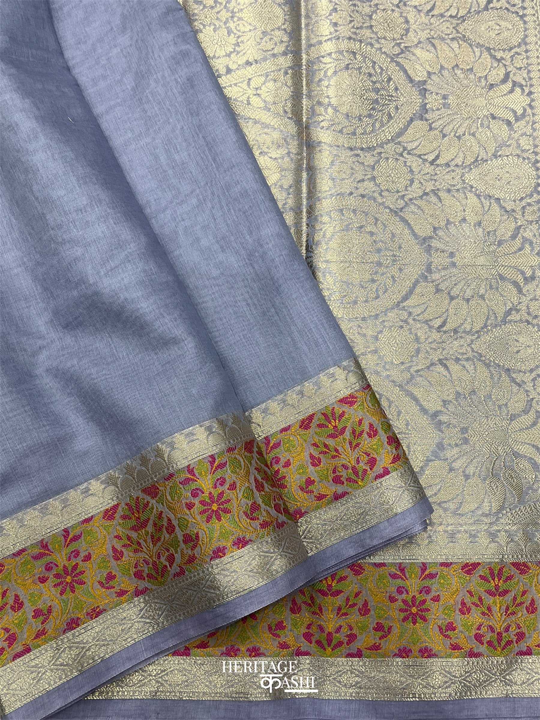 Pale Blue Cotton Plain Tilfi Saree with Floral Border
