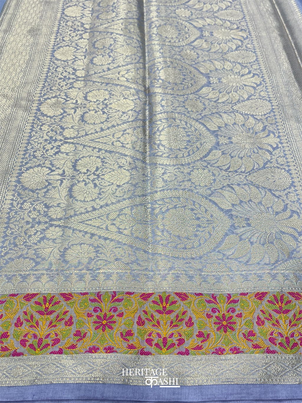 Pale Blue Cotton Plain Tilfi Saree with Floral Border