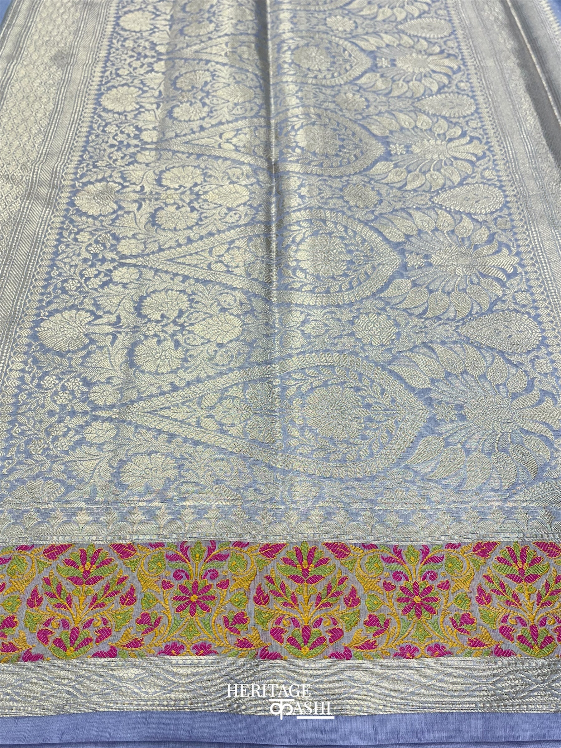 Pale Blue Cotton Plain Tilfi Saree with Floral Border