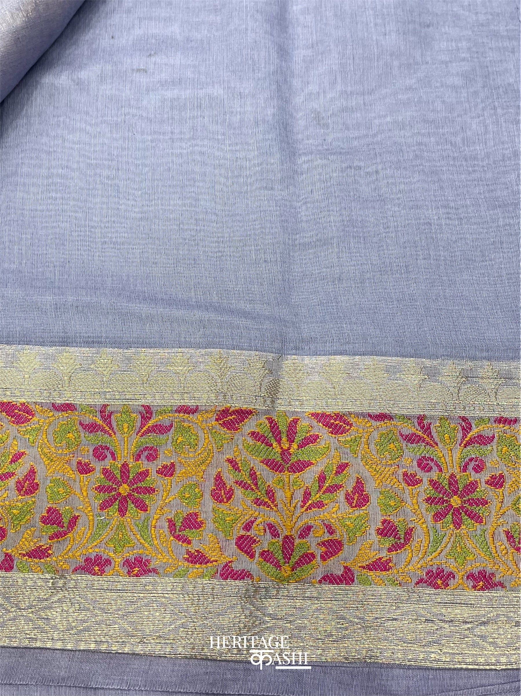 Pale Blue Cotton Plain Tilfi Saree with Floral Border