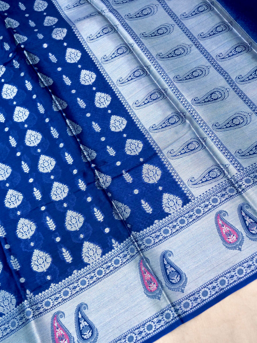 Navy Blue Warm Silk Saree With Big Silver Fancy Carry Buta