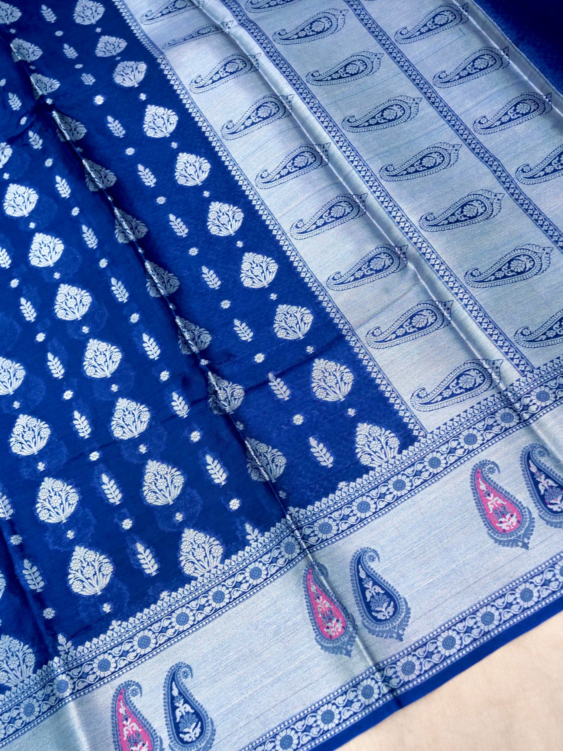 Navy Blue Warm Silk Saree With Big Silver Fancy Carry Buta