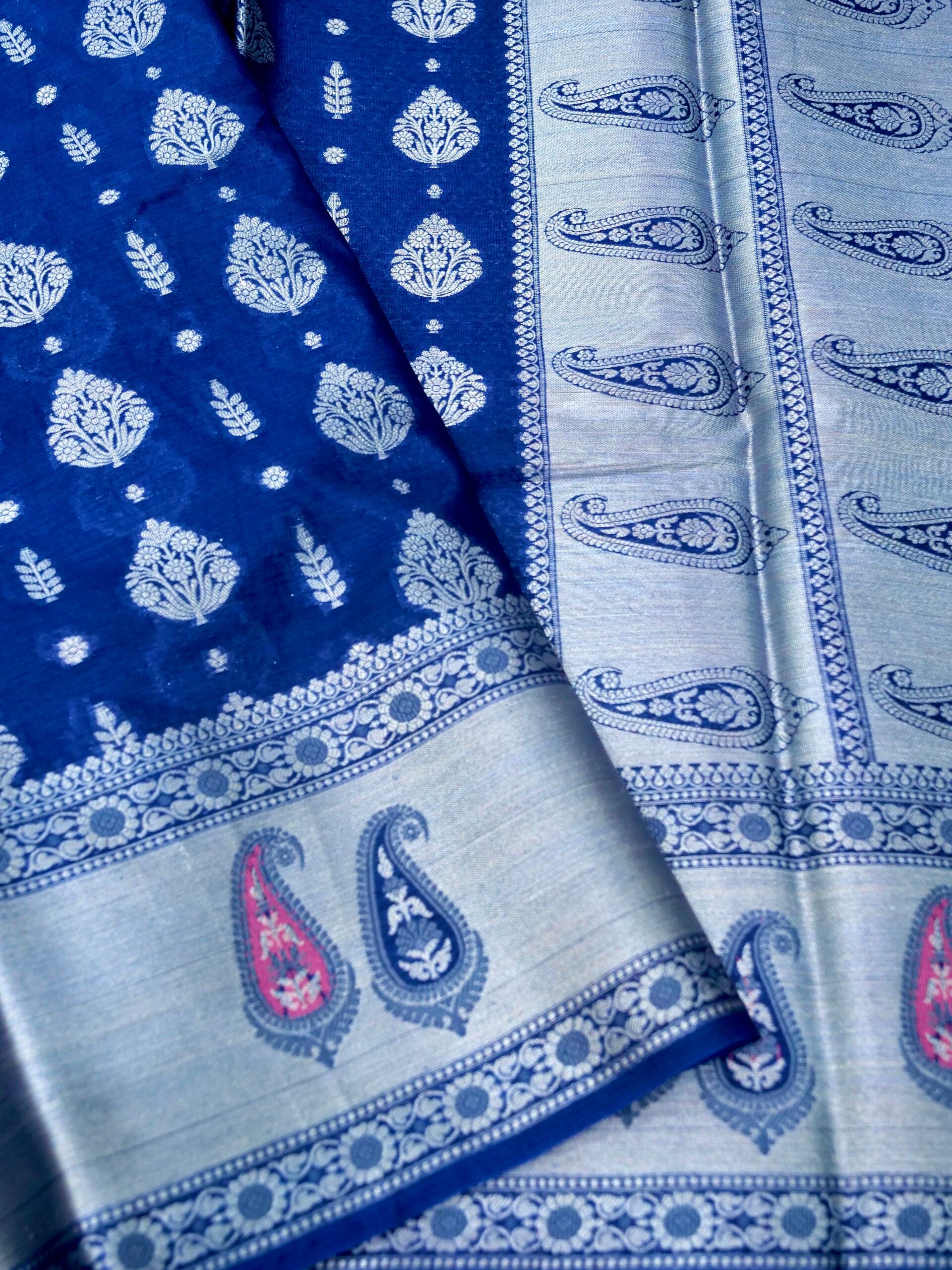 Navy Blue Warm Silk Saree With Big Silver Fancy Carry Buta