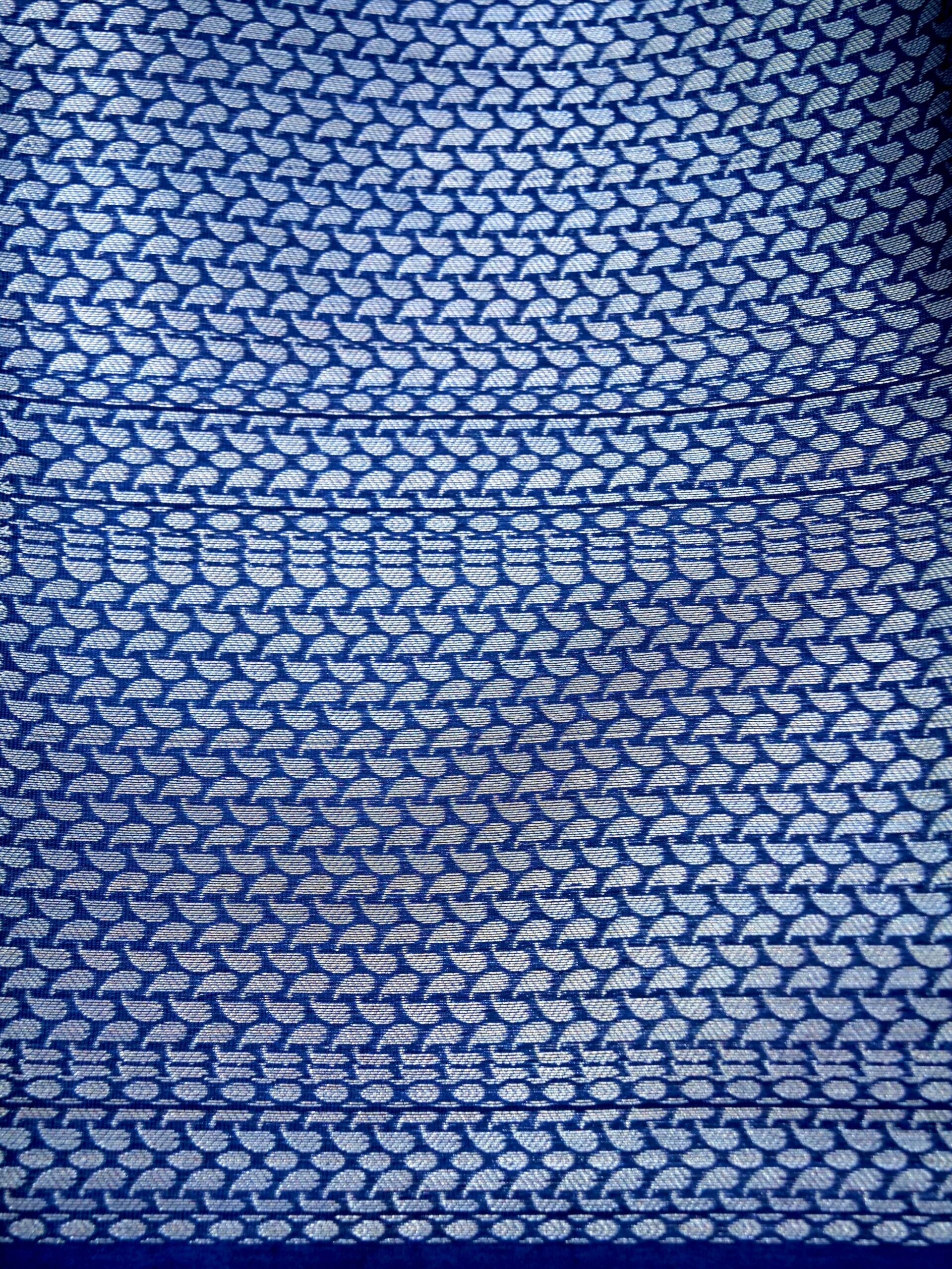 Navy Blue Warm Silk Saree With Big Silver Fancy Carry Buta