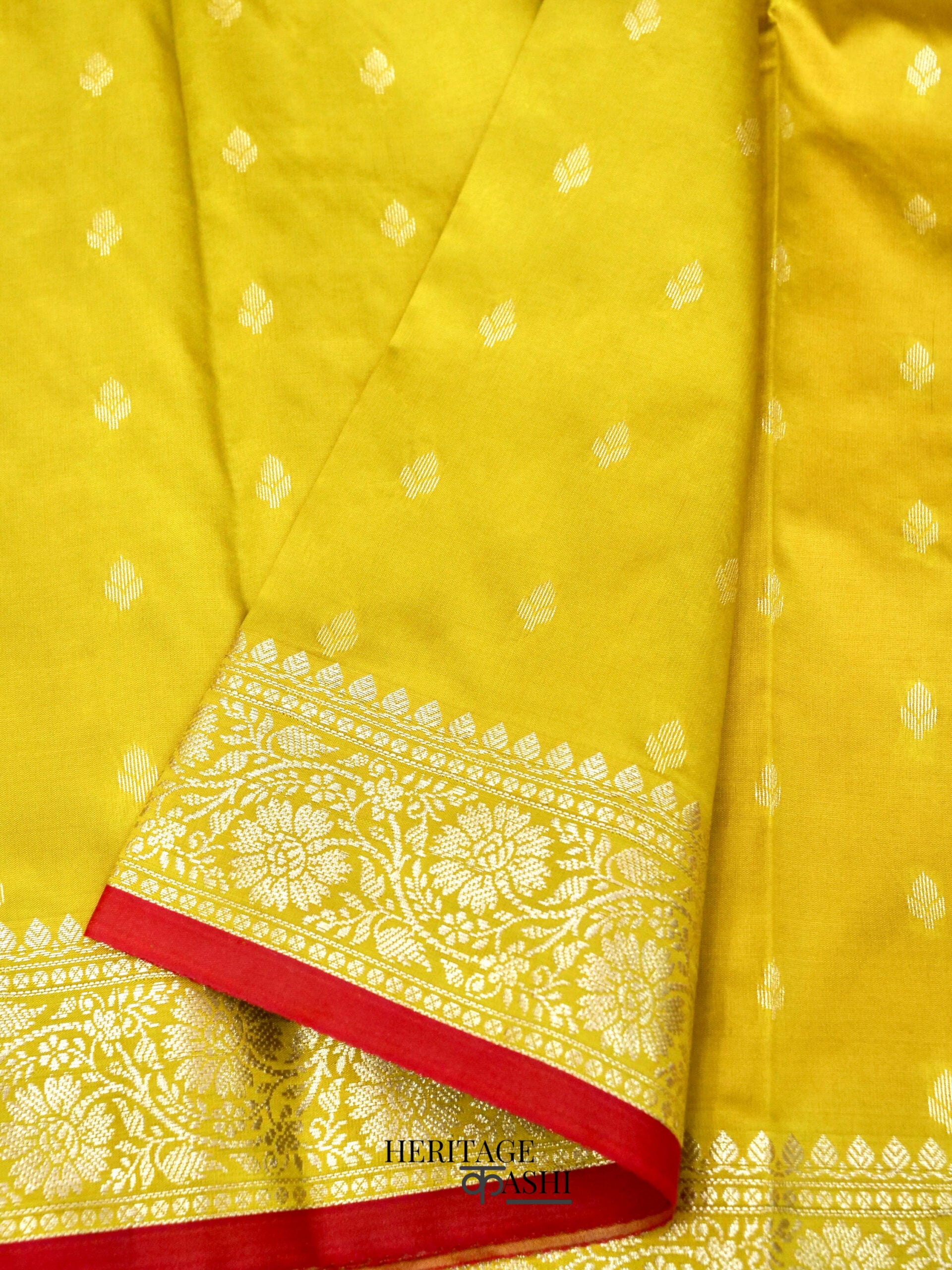 Mustard Yellow Banarasi Silk Buti Saree