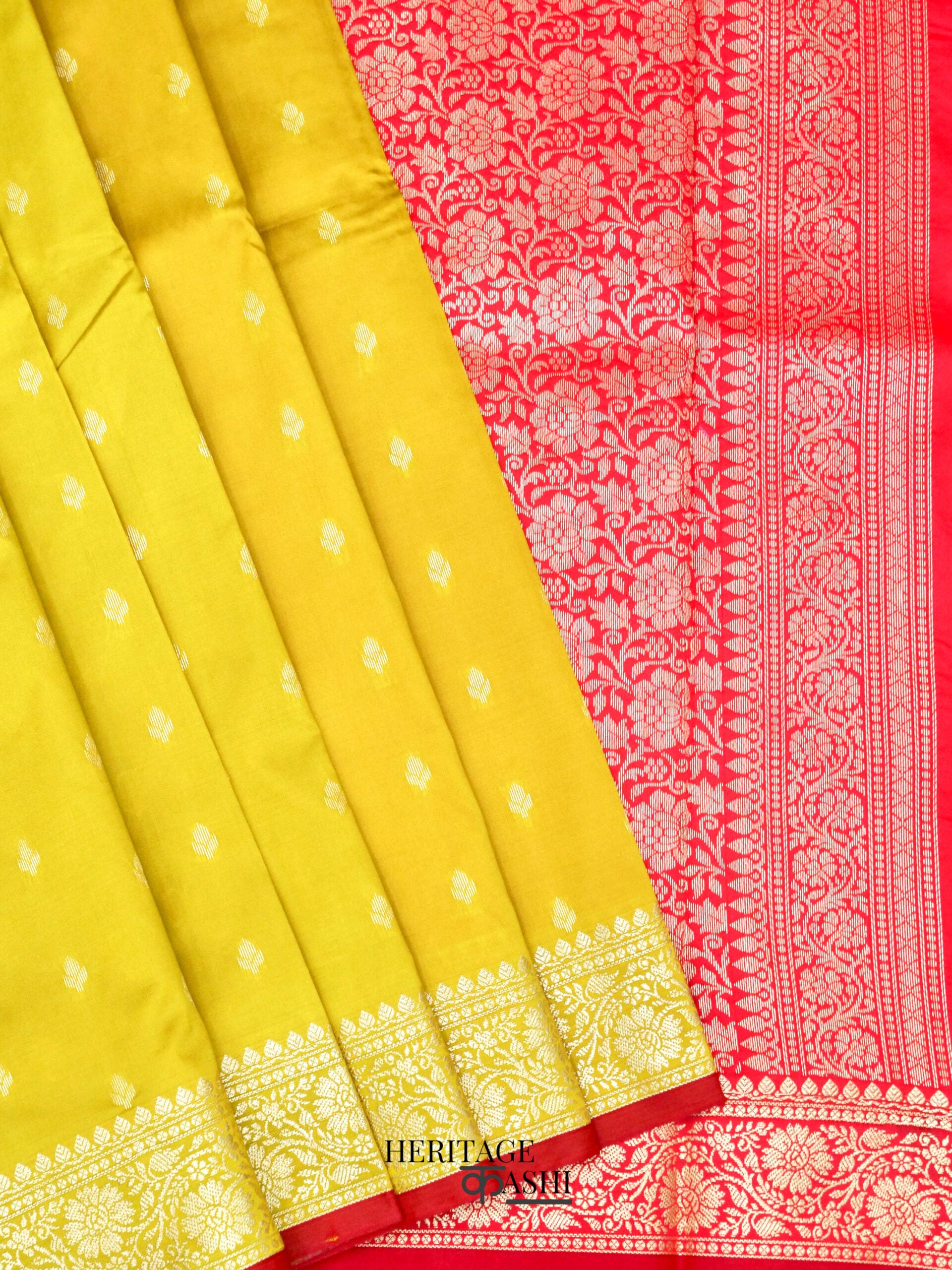 Mustard Yellow Banarasi Silk Buti Saree