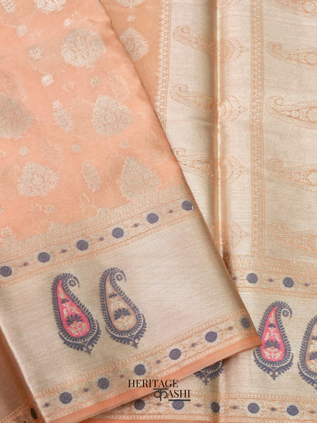 Peach Warm Silk Big Silver Fancy Carry Buta Saree