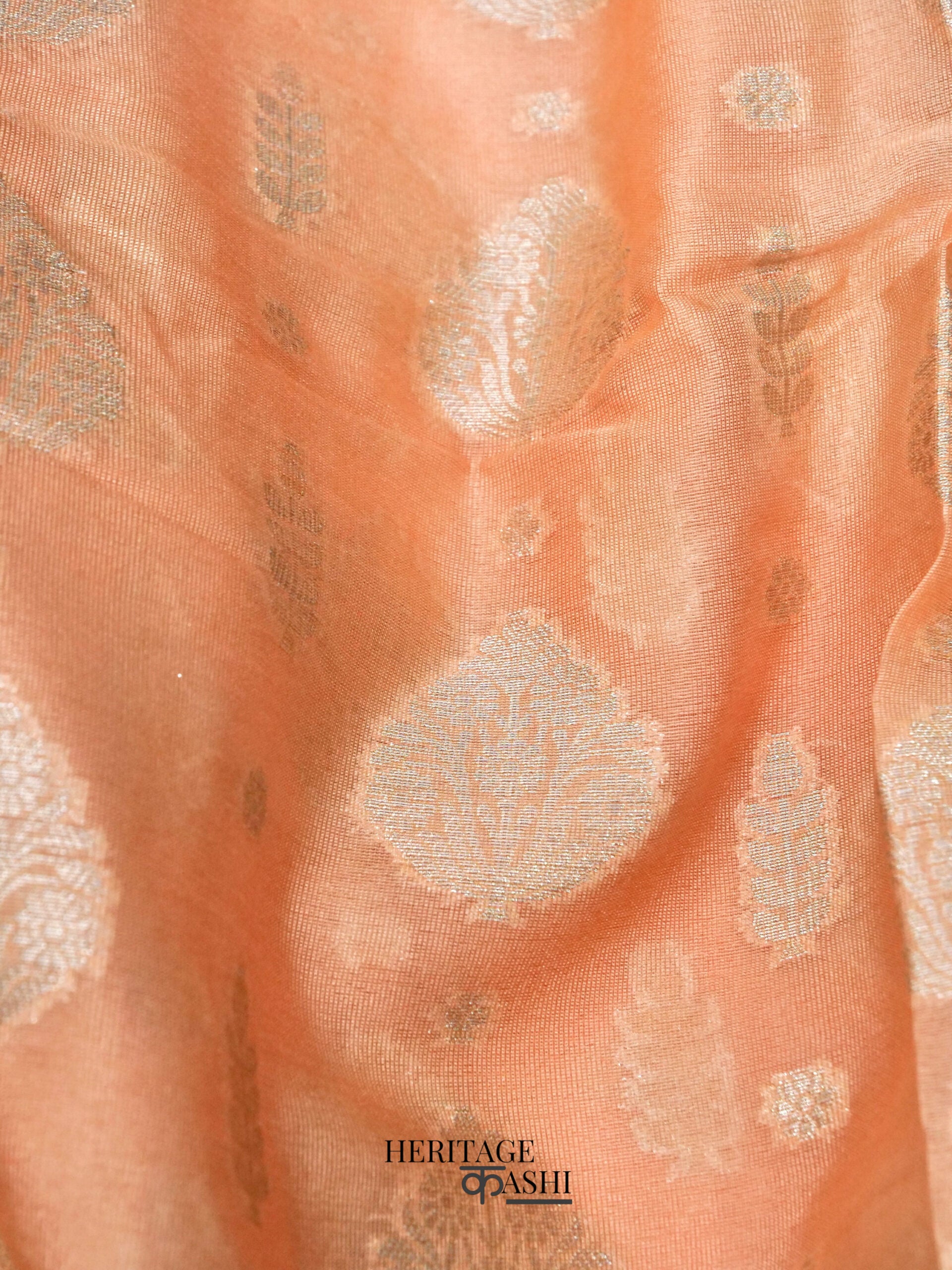 Peach Warm Silk Big Silver Fancy Carry Buta Saree